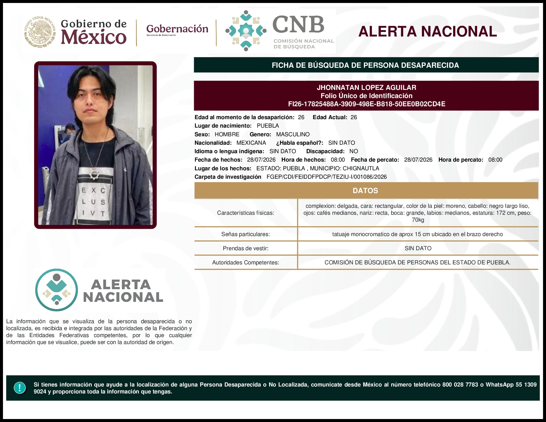 Persona desaparecida Jhonnatan Lopez Aguilar