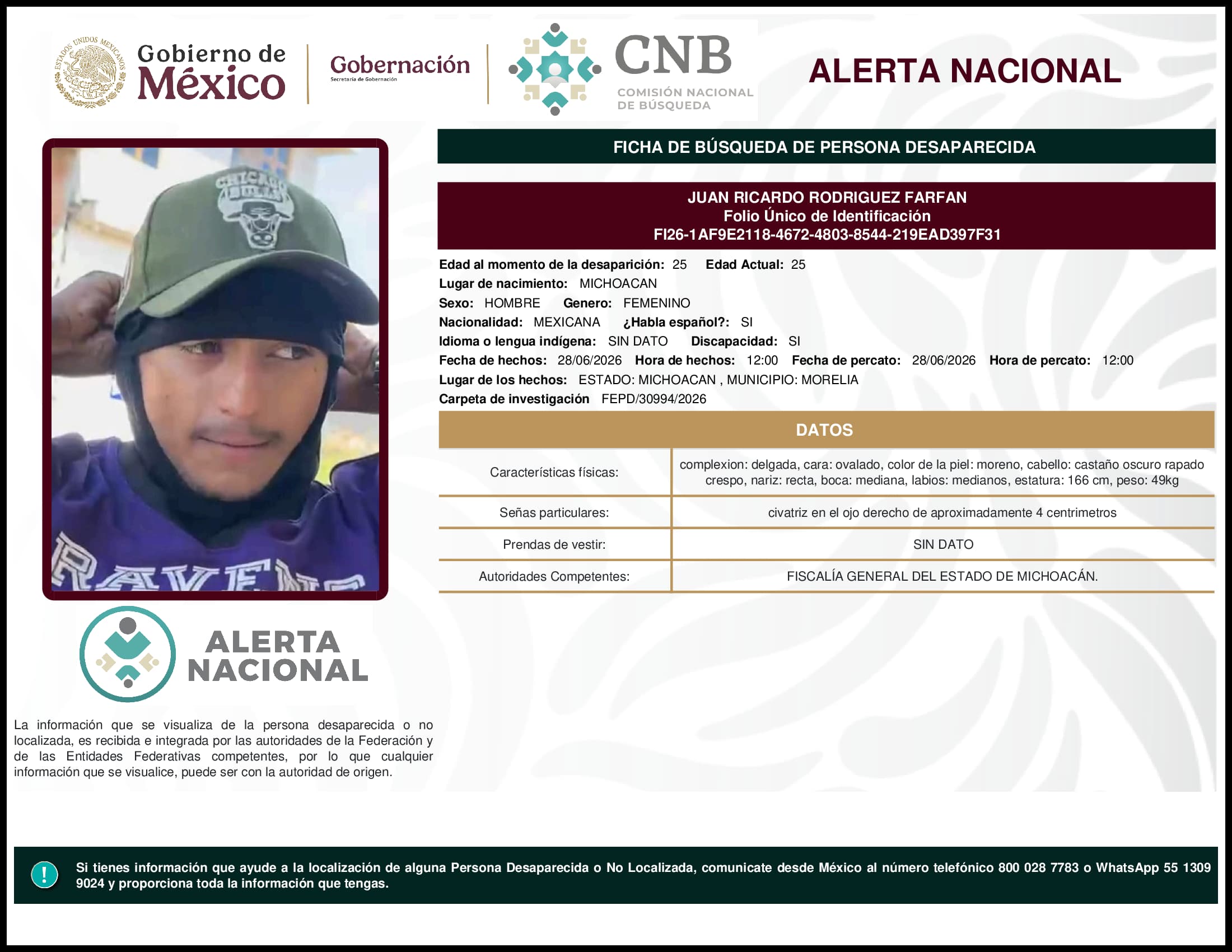 Persona desaparecida Juan Ricardo Rodriguez Farfan
