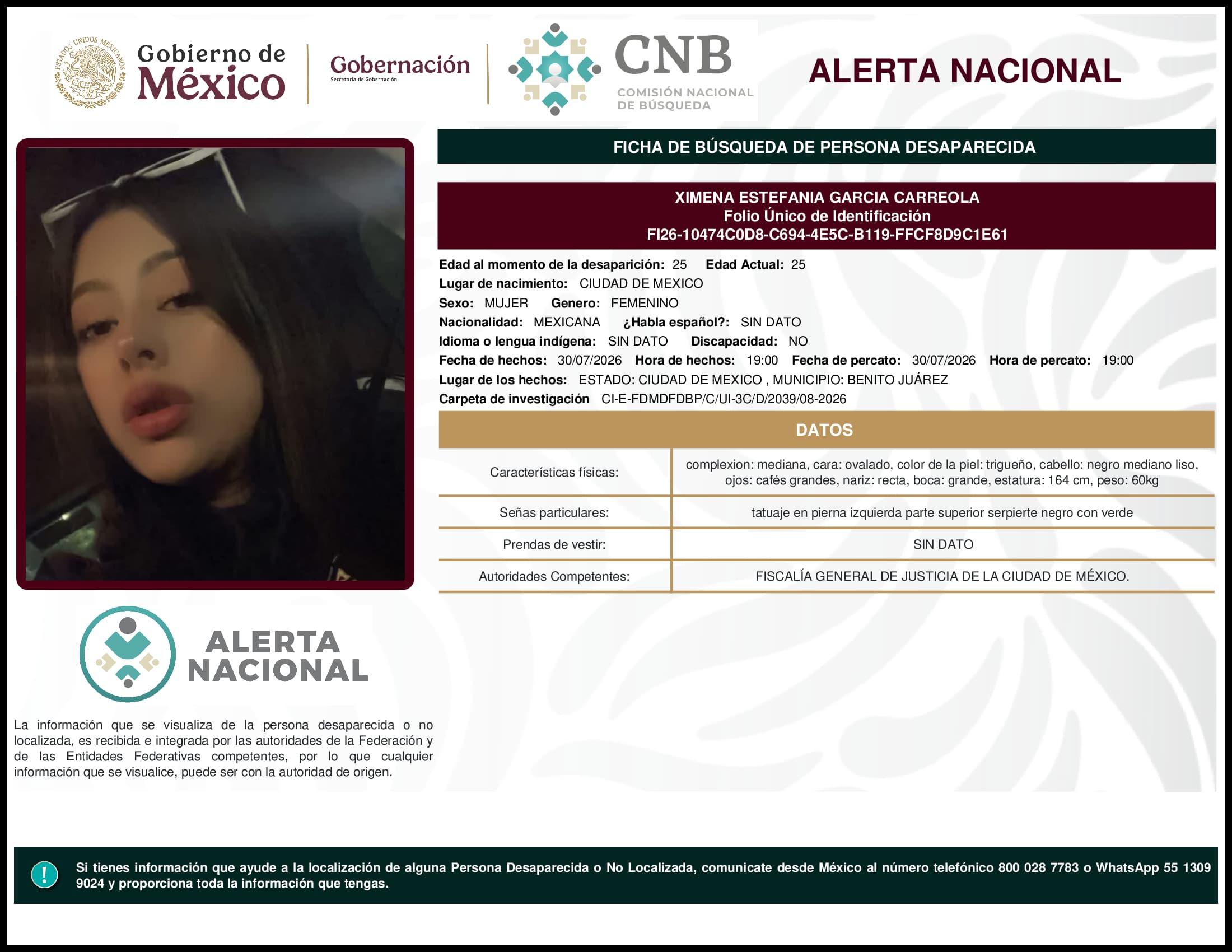 Persona desaparecida Ximena Estefania Garcia Carreola