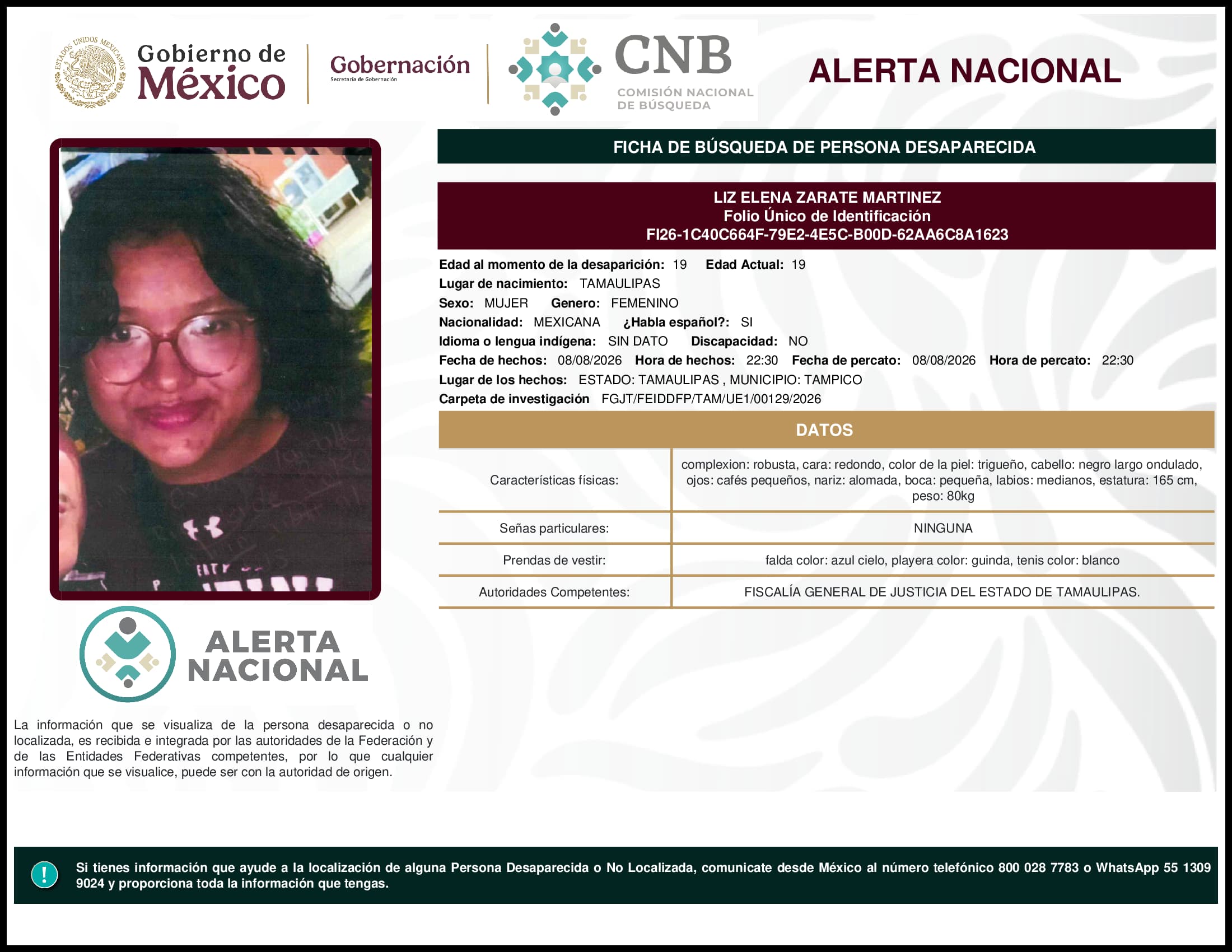 Persona desaparecida Liz Elena Zarate Martinez