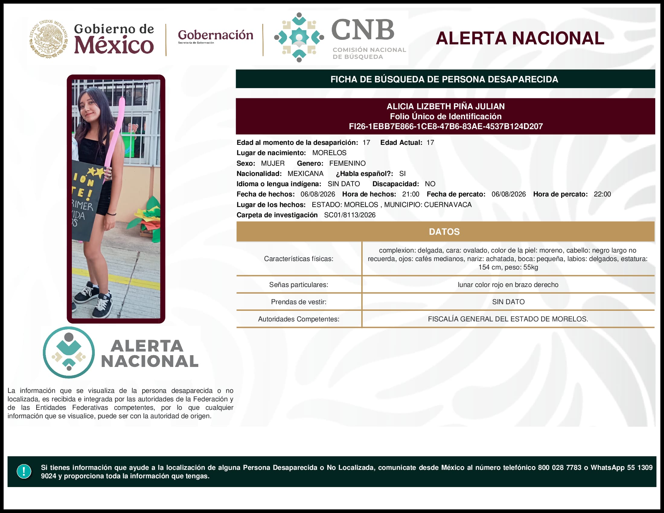 Persona desaparecida Alicia Lizbeth Pina Julian