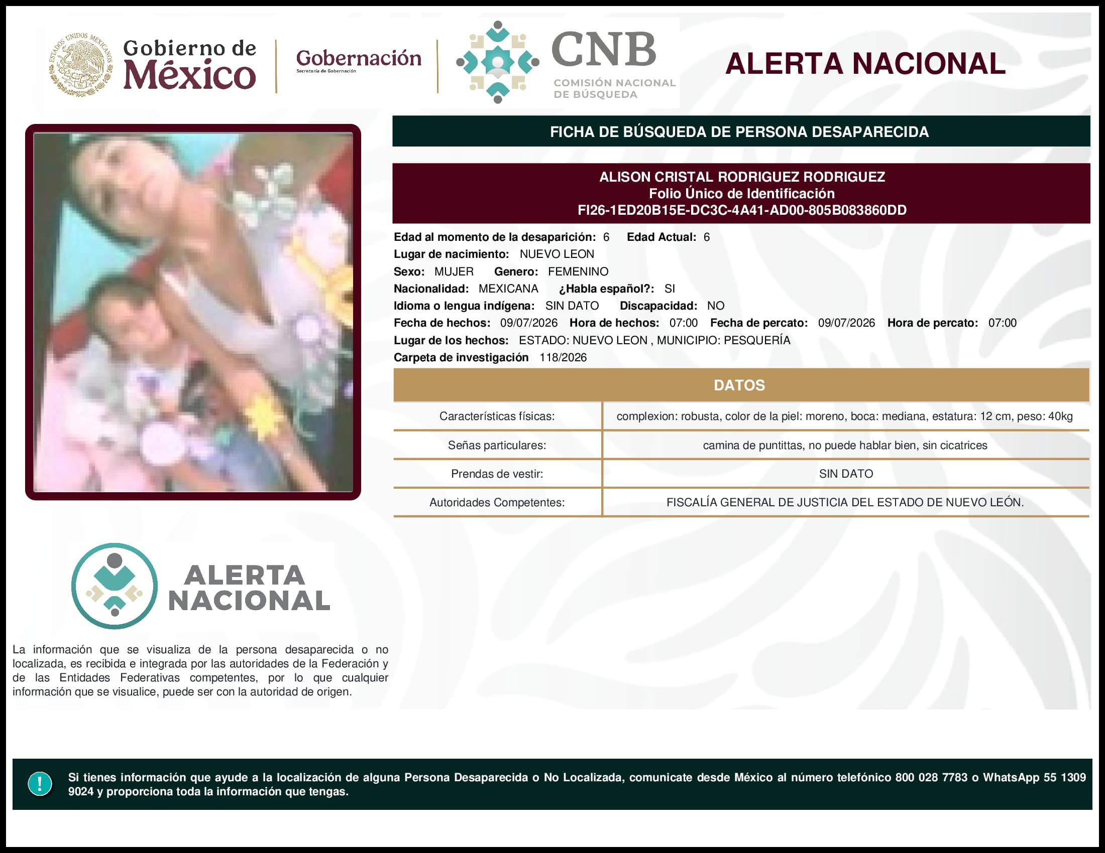 Persona desaparecida Alison Cristal Rodriguez Rodriguez
