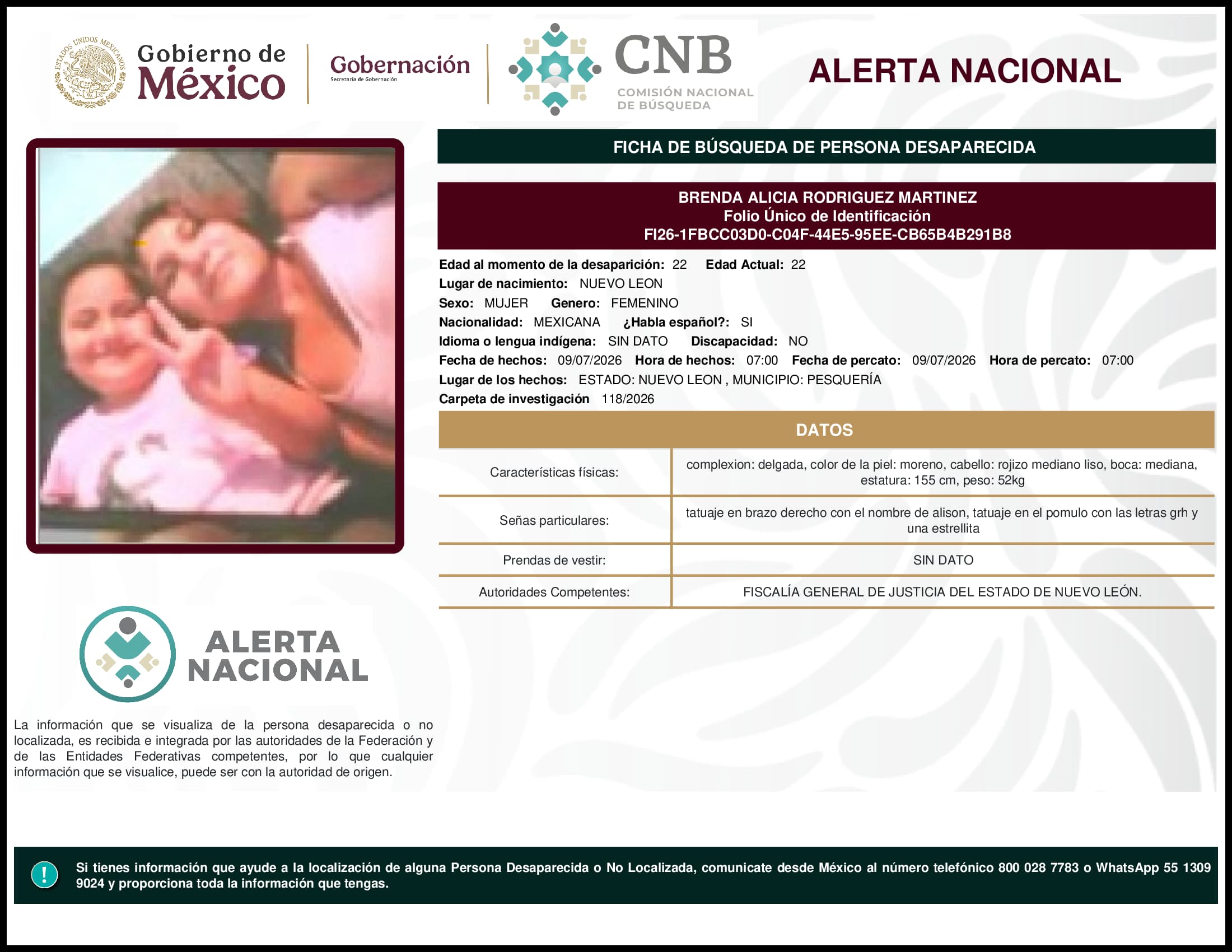 Persona desaparecida Brenda Alicia Rodriguez Martinez