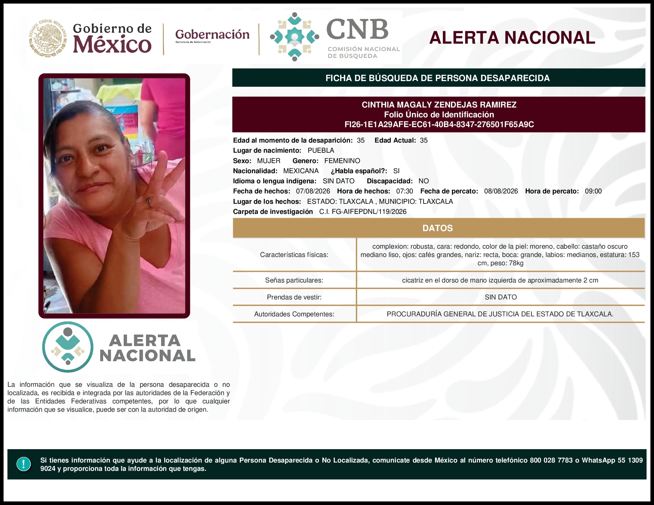 Persona desaparecida Cinthia Magaly Zendejas Ramirez