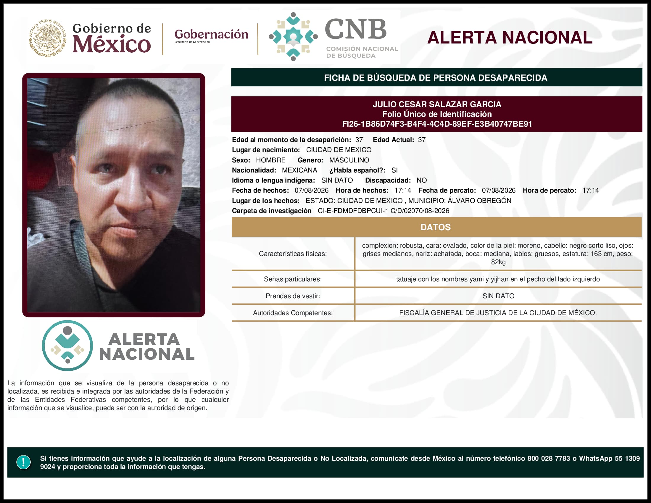 Persona desaparecida Julio Cesar Salazar Garcia
