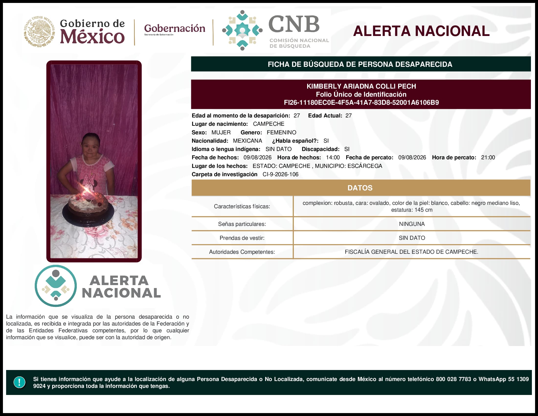 Persona desaparecida Kimberly Ariadna Colli Pech