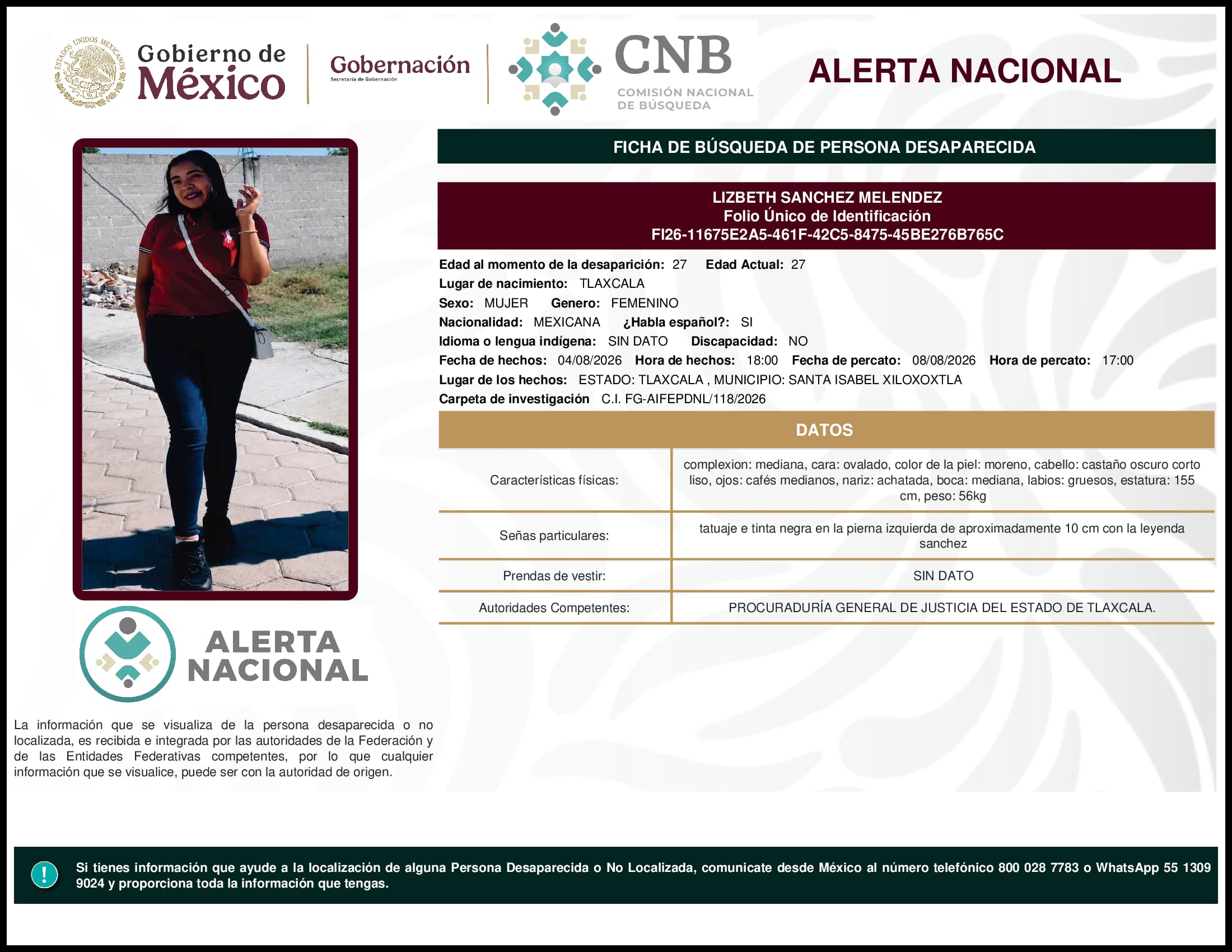 Persona desaparecida Lizbeth Sanchez Melendez