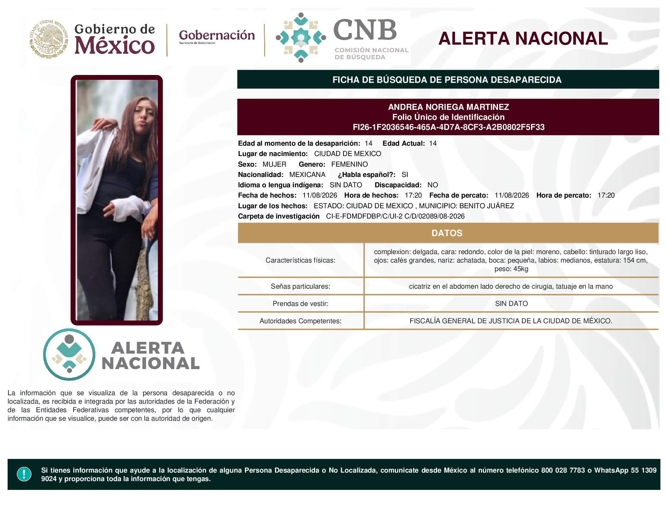 Persona desaparecida Andrea Noriega Martinez