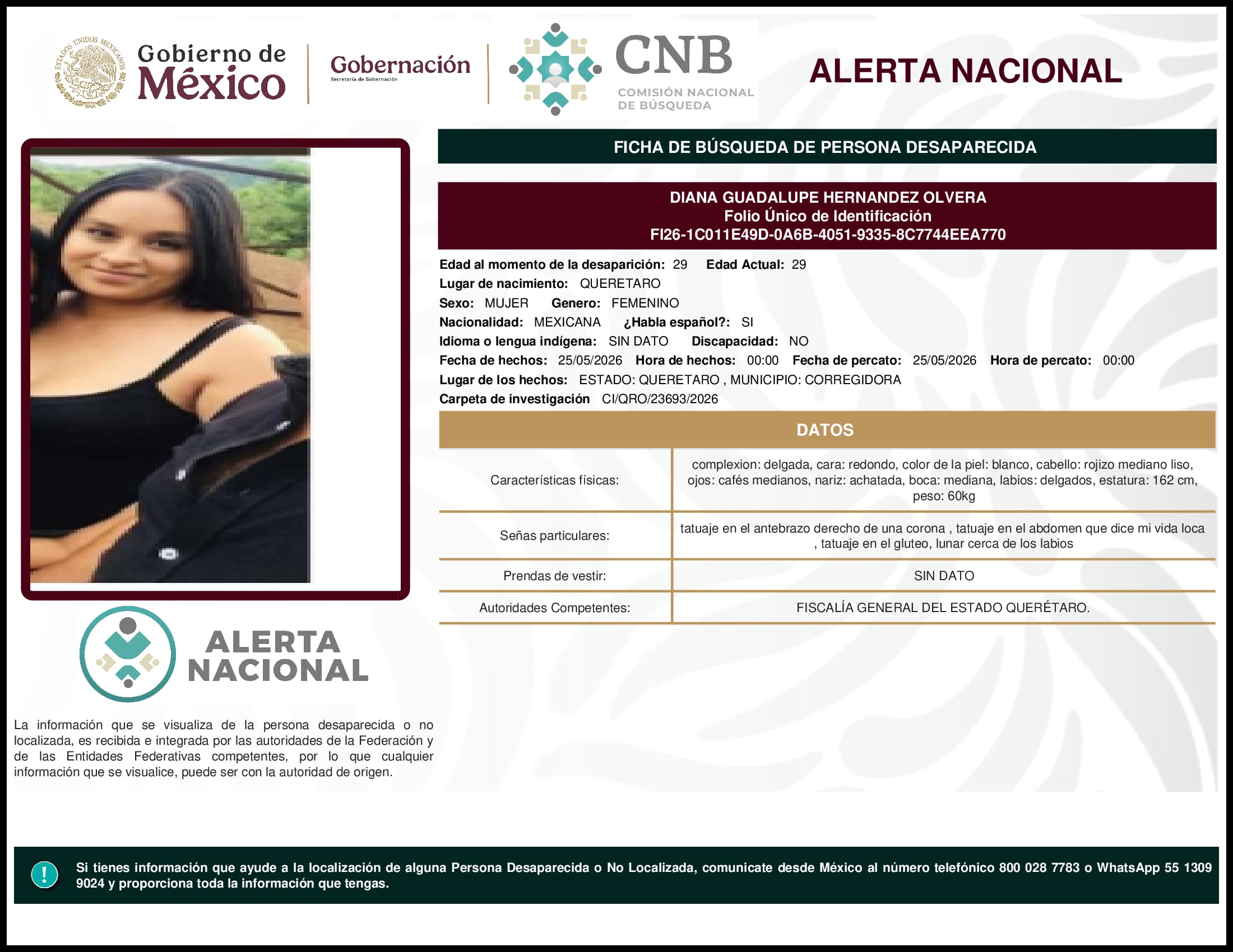 Persona desaparecida Diana Guadalupe Hernandez Olvera