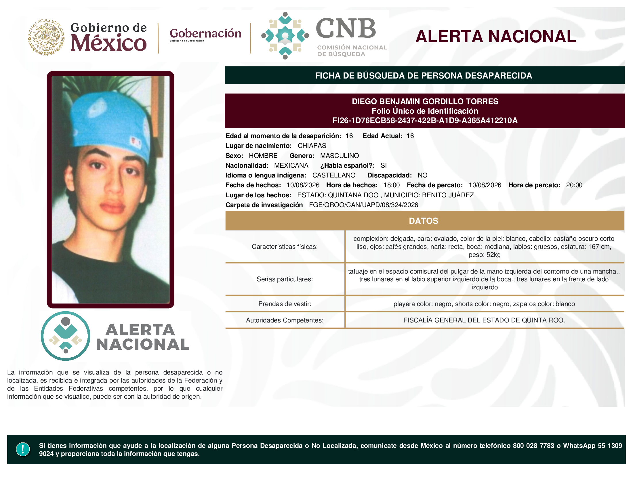 Persona desaparecida Diego Benjamin Gordillo Torres
