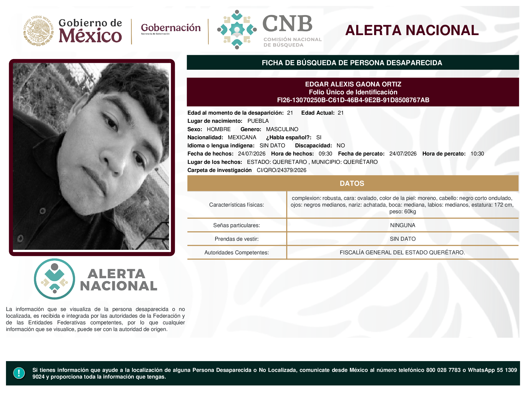 Persona desaparecida Edgar Alexis Gaona Ortiz