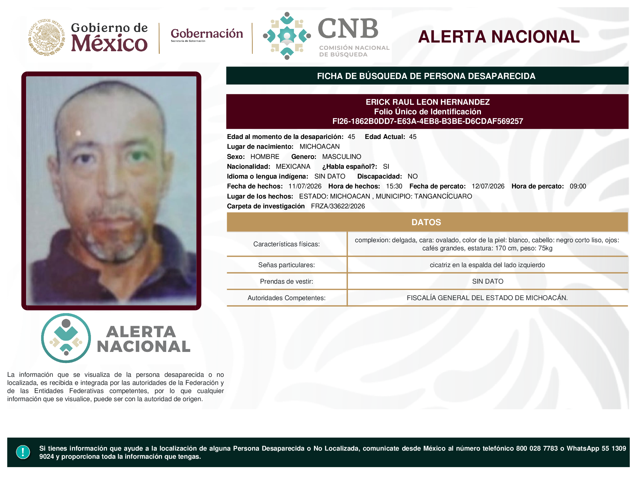 Persona desaparecida Erick Raul Leon Hernandez