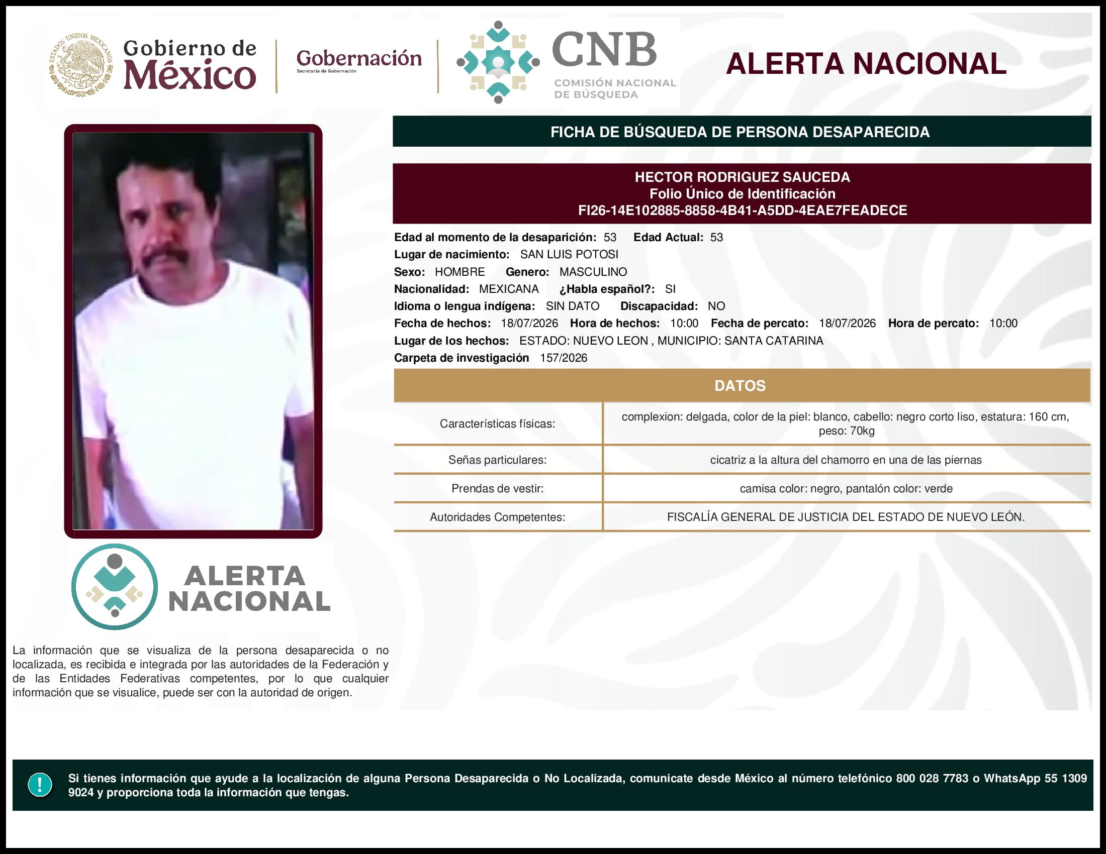 Persona desaparecida Hector Rodriguez Sauceda