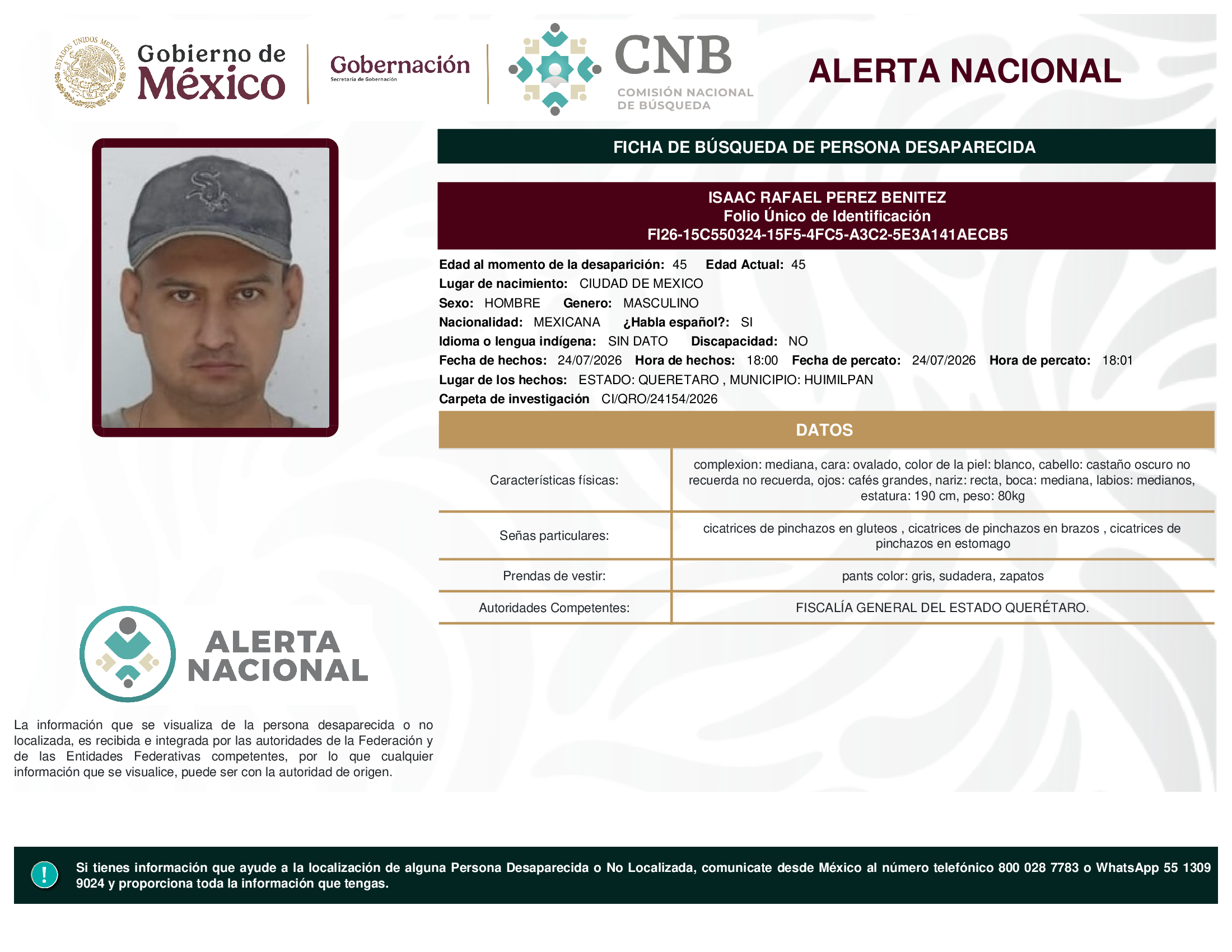 Persona desaparecida Isaac Rafael Perez Benitez