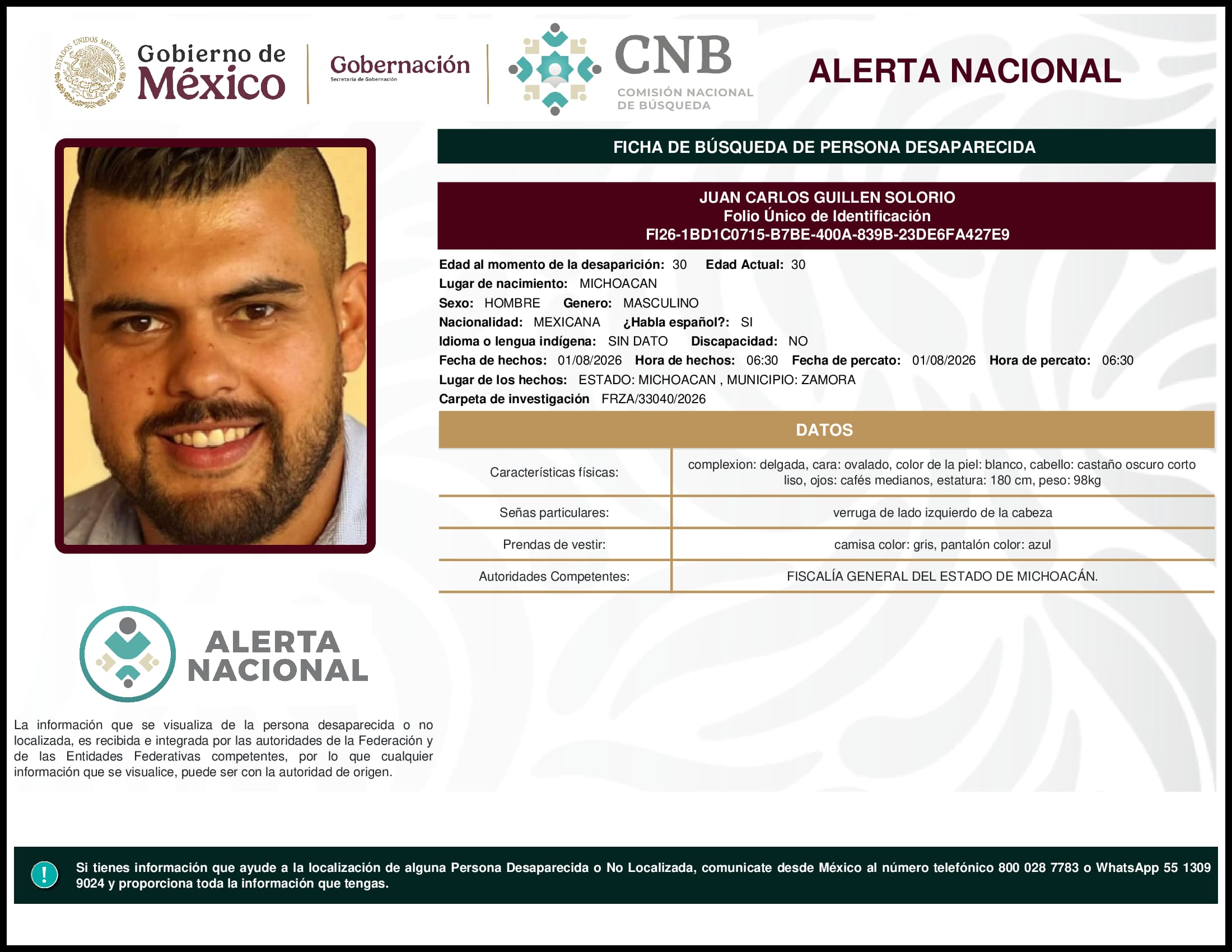 Persona desaparecida Juan Carlos Guillen Solorio