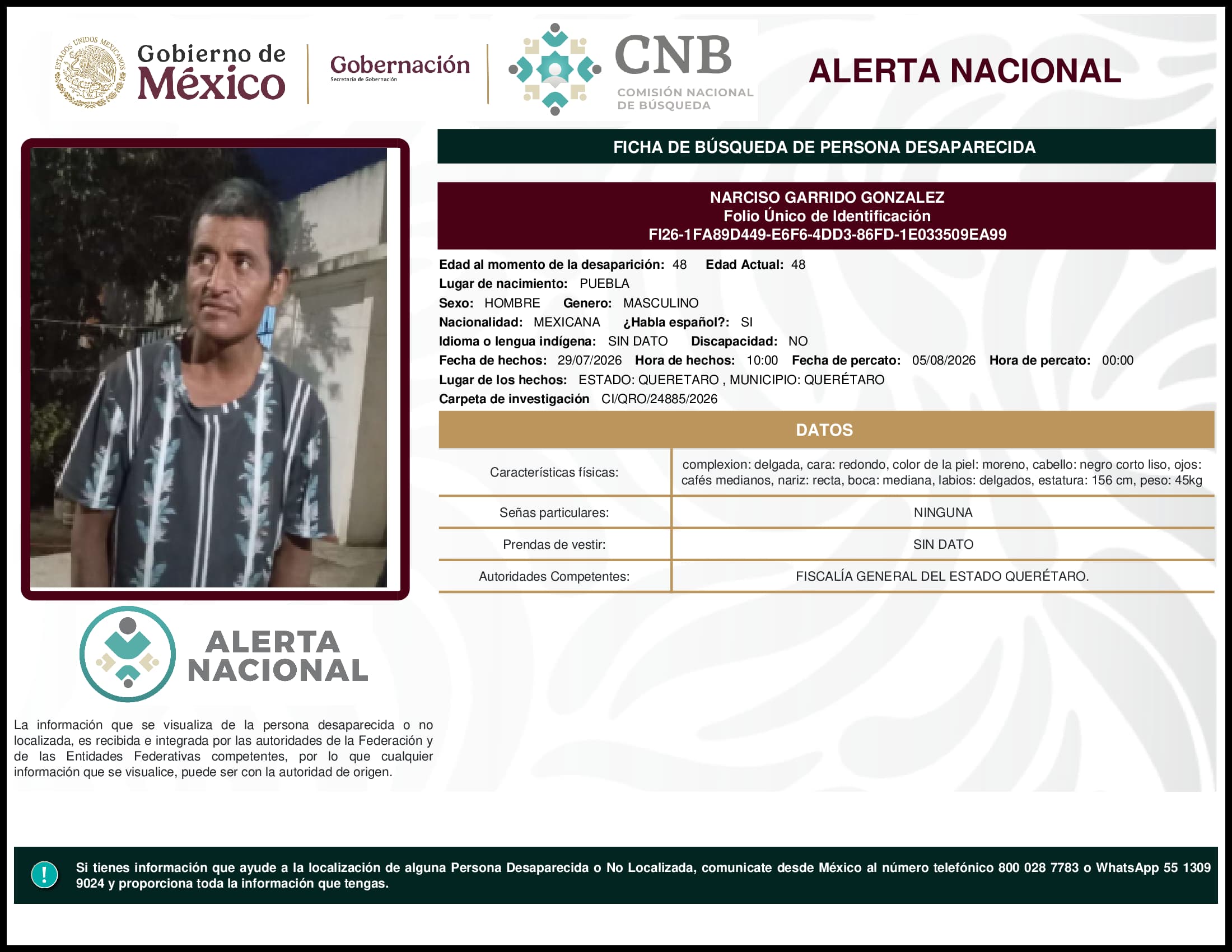 Persona desaparecida Narciso Garrido Gonzalez