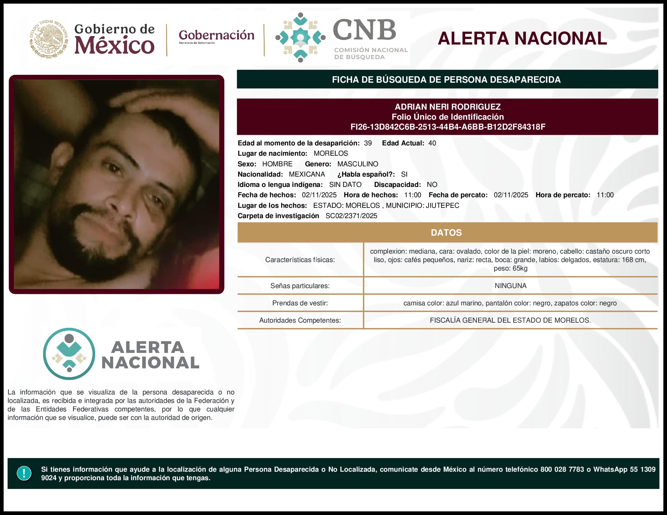 Persona desaparecida Adrian Neri Rodriguez