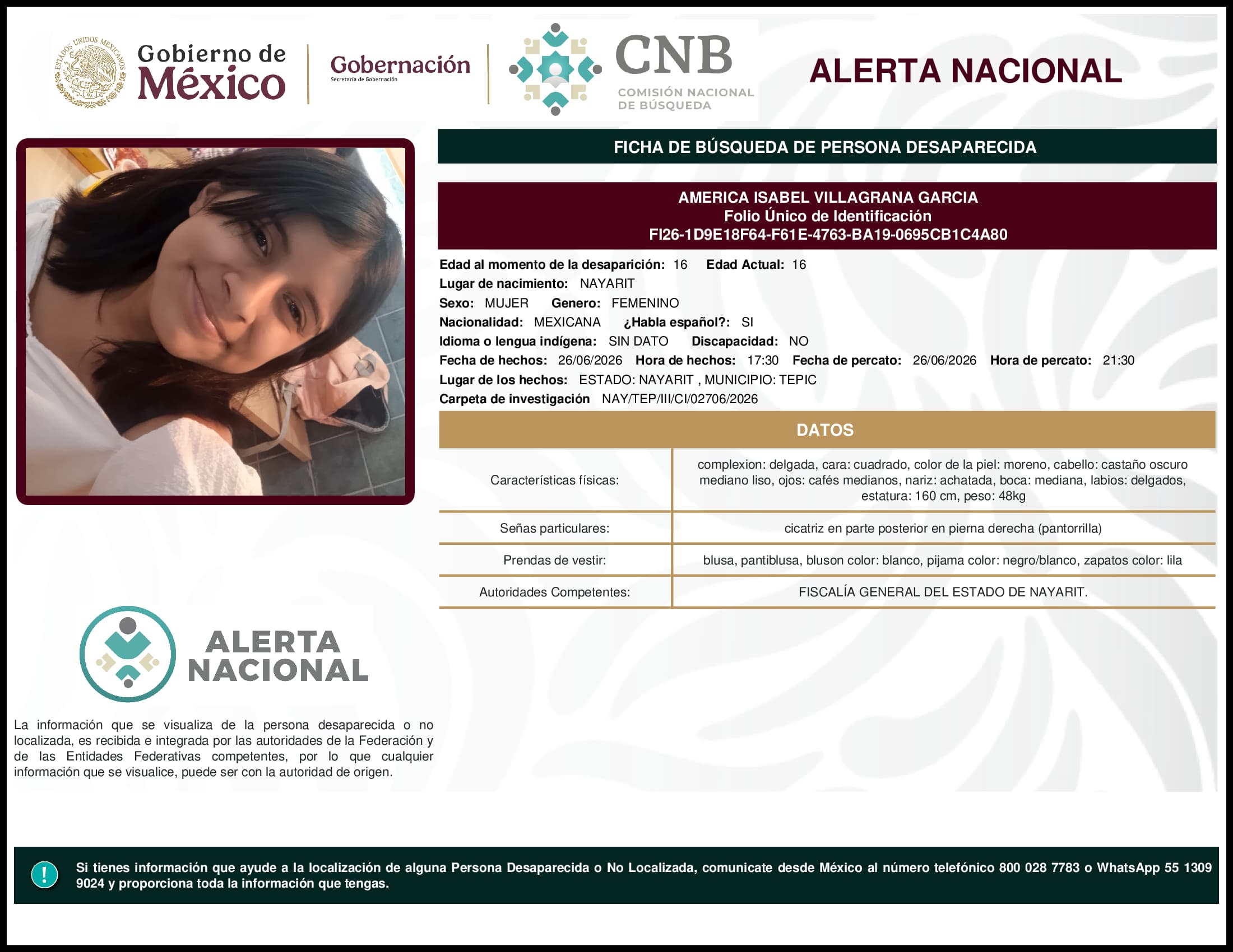Persona desaparecida America Isabel Villagrana Garcia