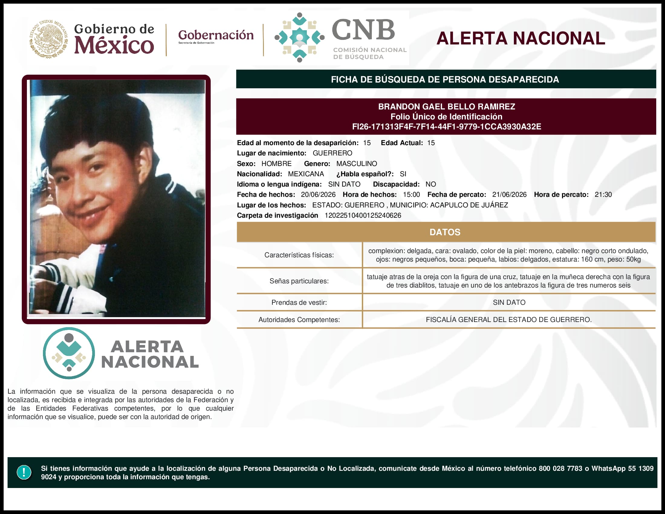 Persona desaparecida Brandon Gael Bello Ramirez