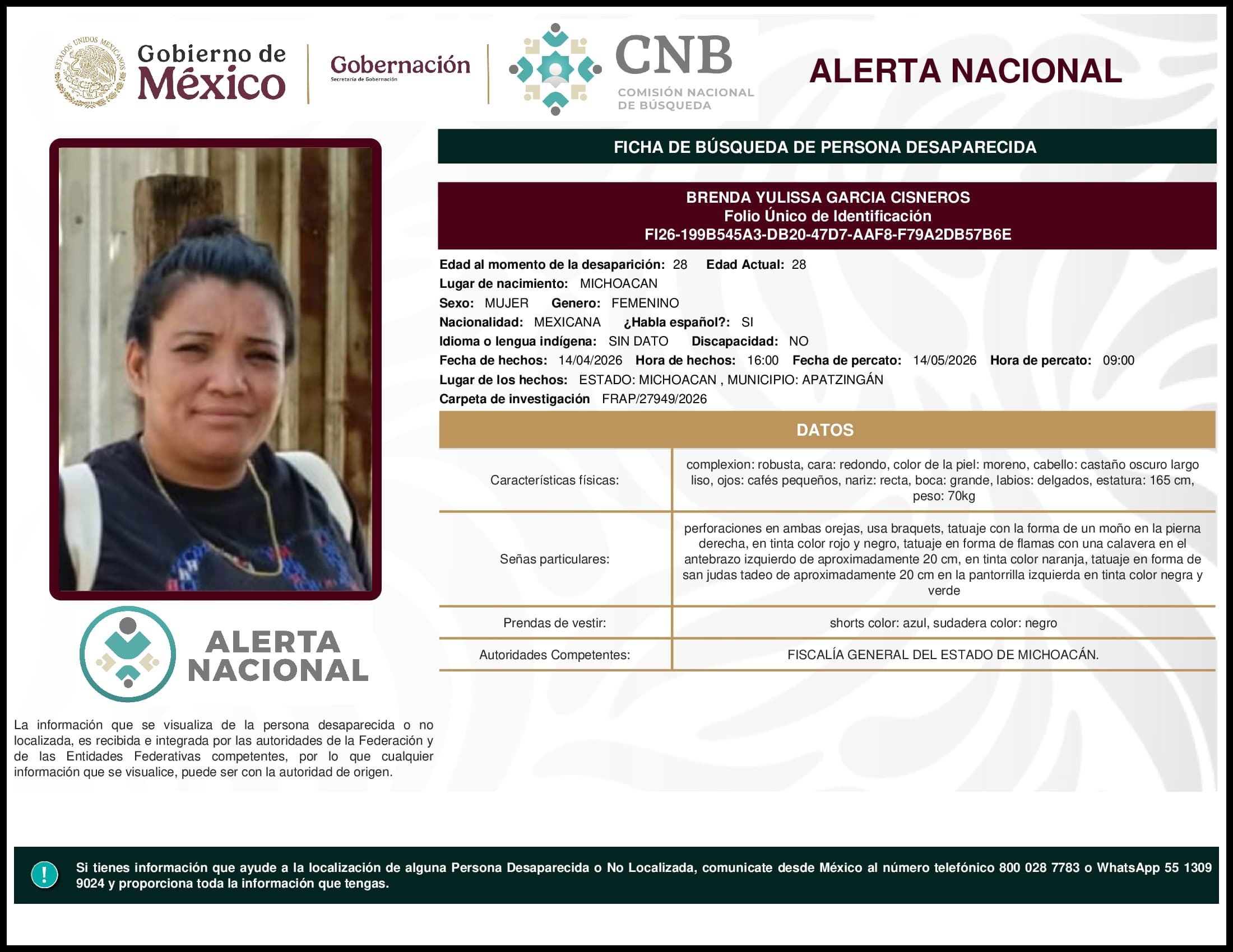 Persona desaparecida Brenda Yulissa Garcia Cisneros