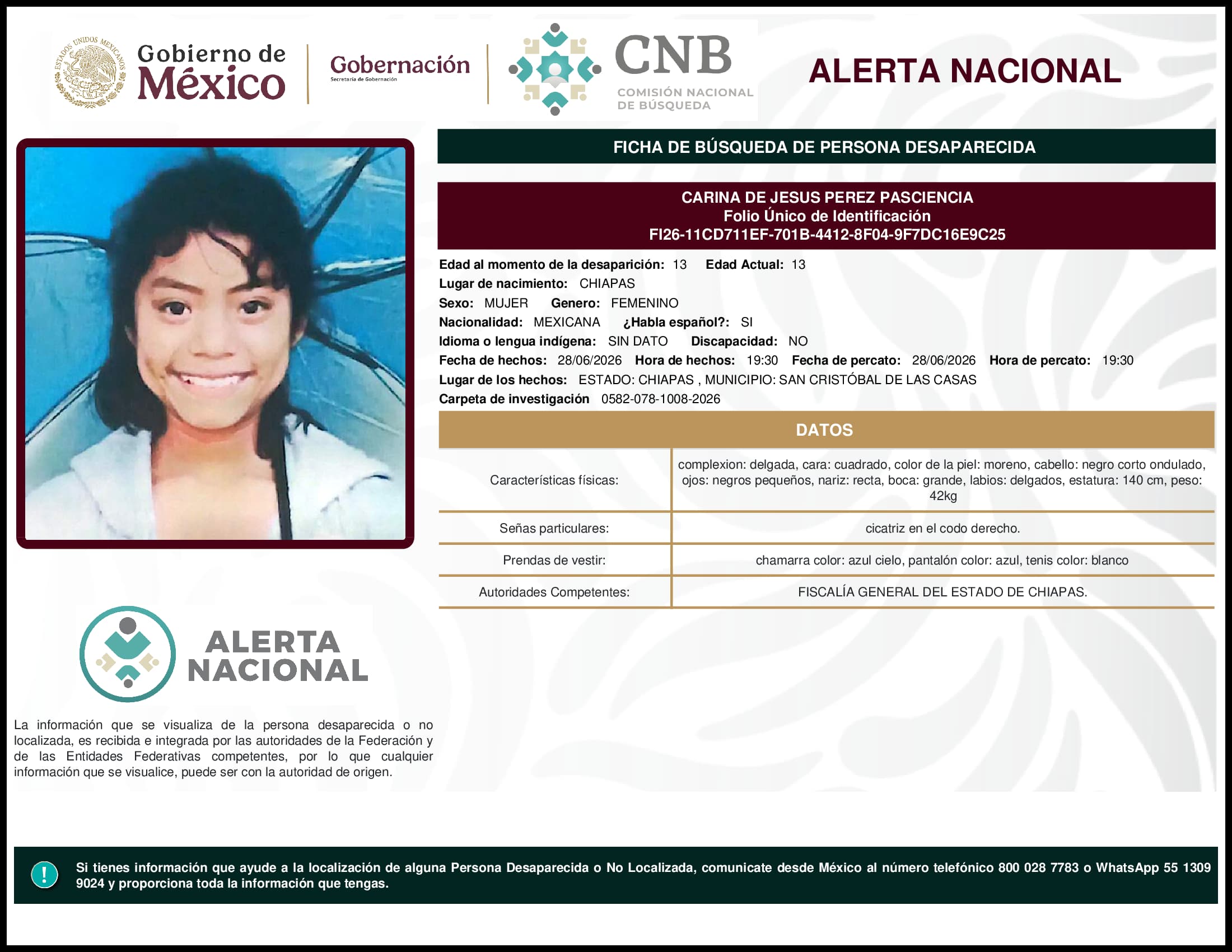 Persona desaparecida Carina De Jesus Perez Pasciencia