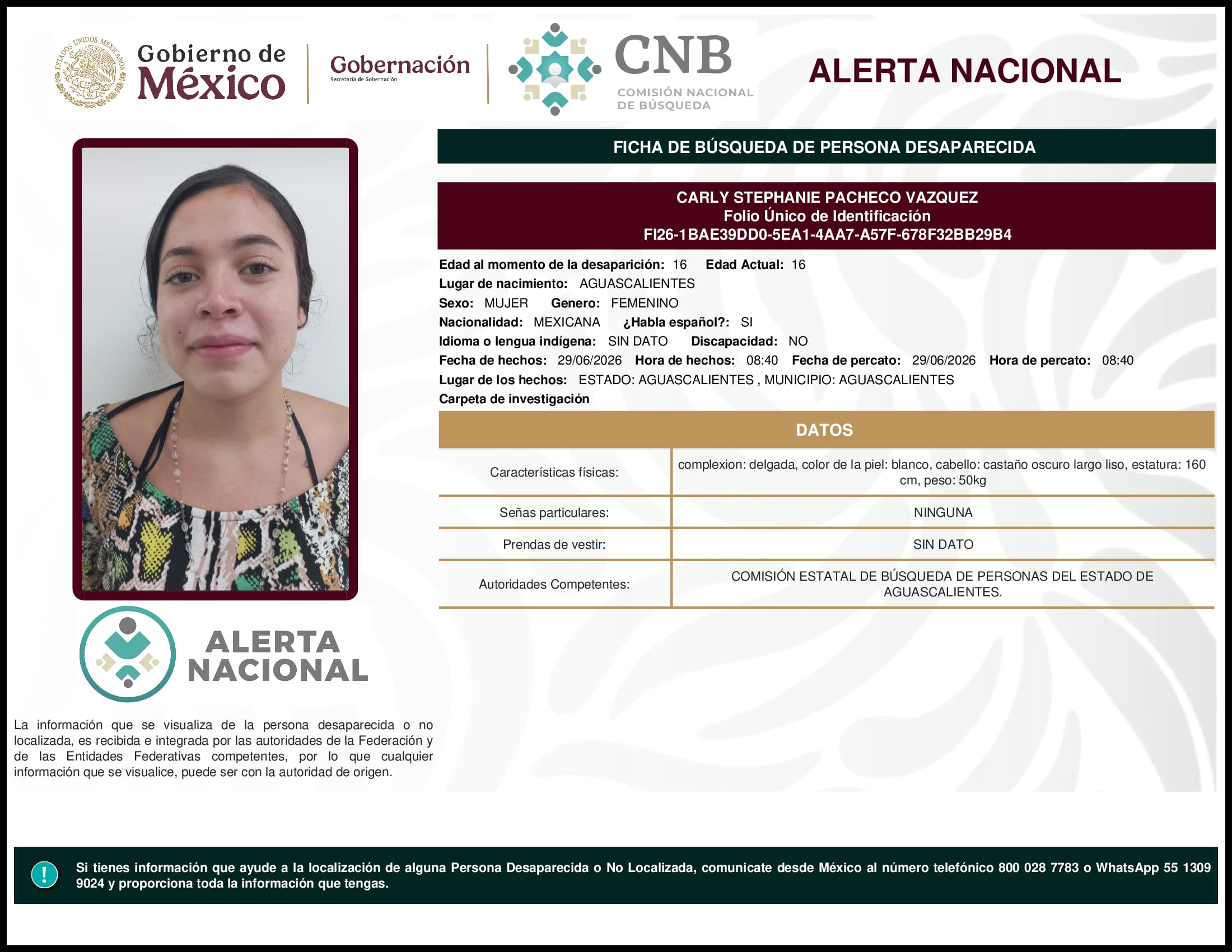 Persona desaparecida Carly Stephanie Pacheco Vazquez