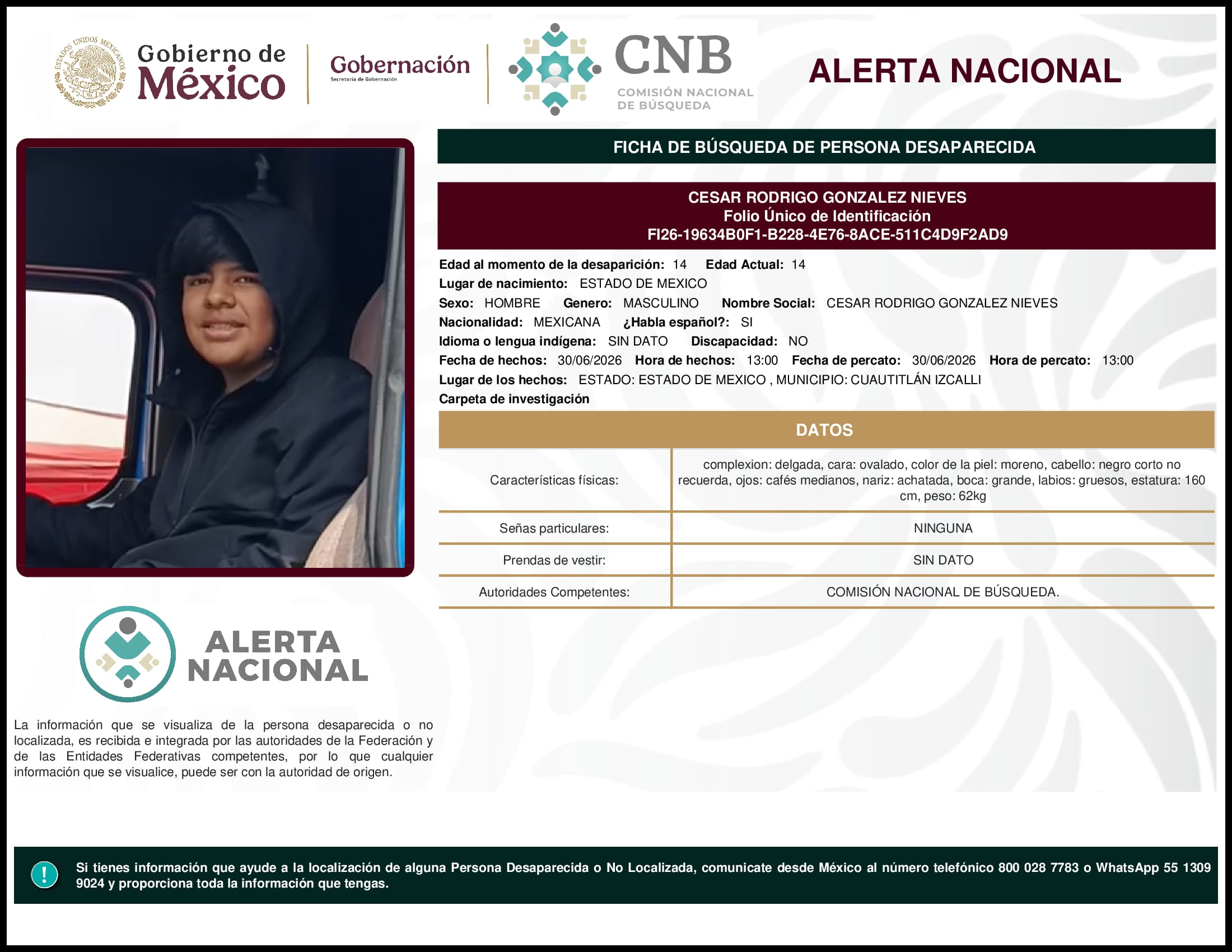 Persona desaparecida Cesar Rodrigo Gonzalez Nieves