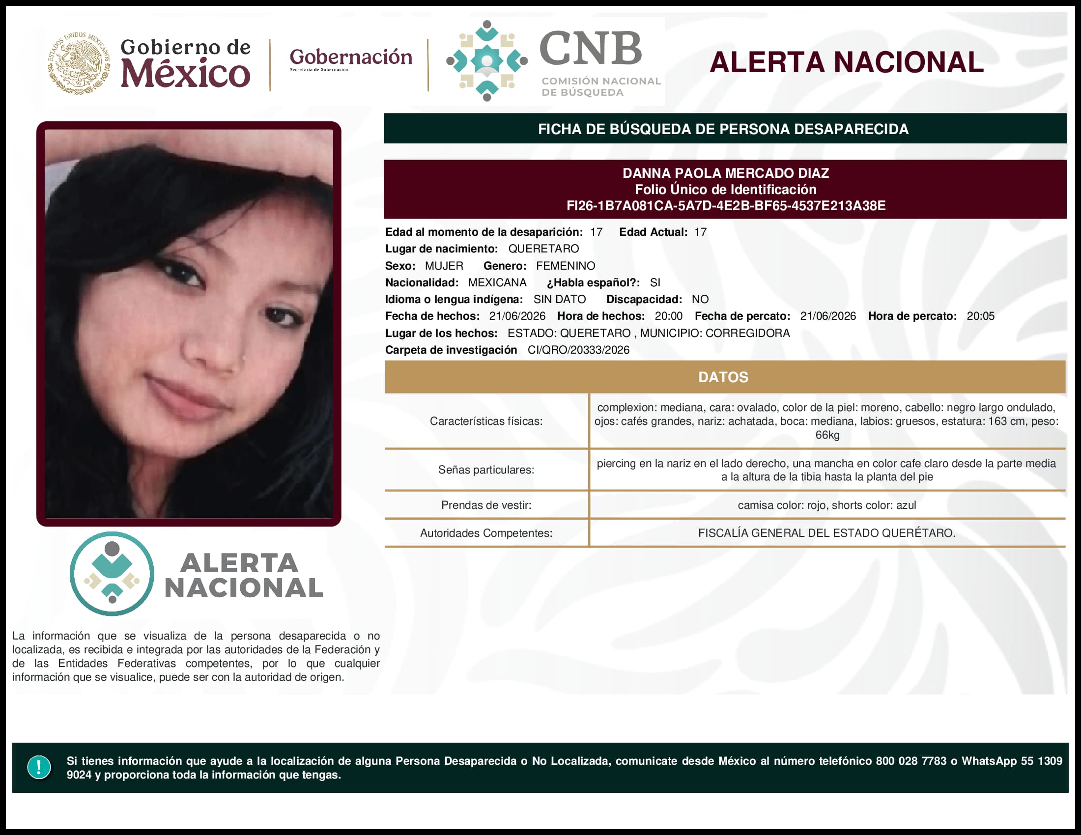 Persona desaparecida Danna Paola Mercado Diaz