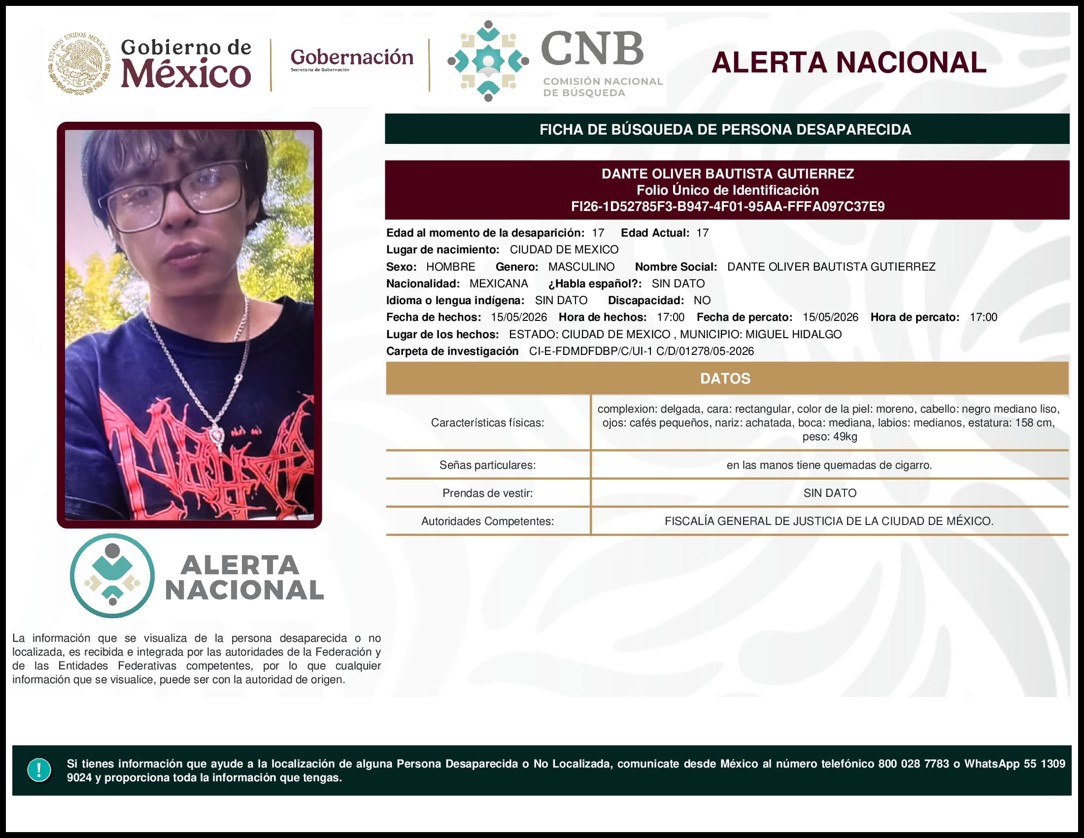 Persona desaparecida Dante Oliver Bautista Gutierrez