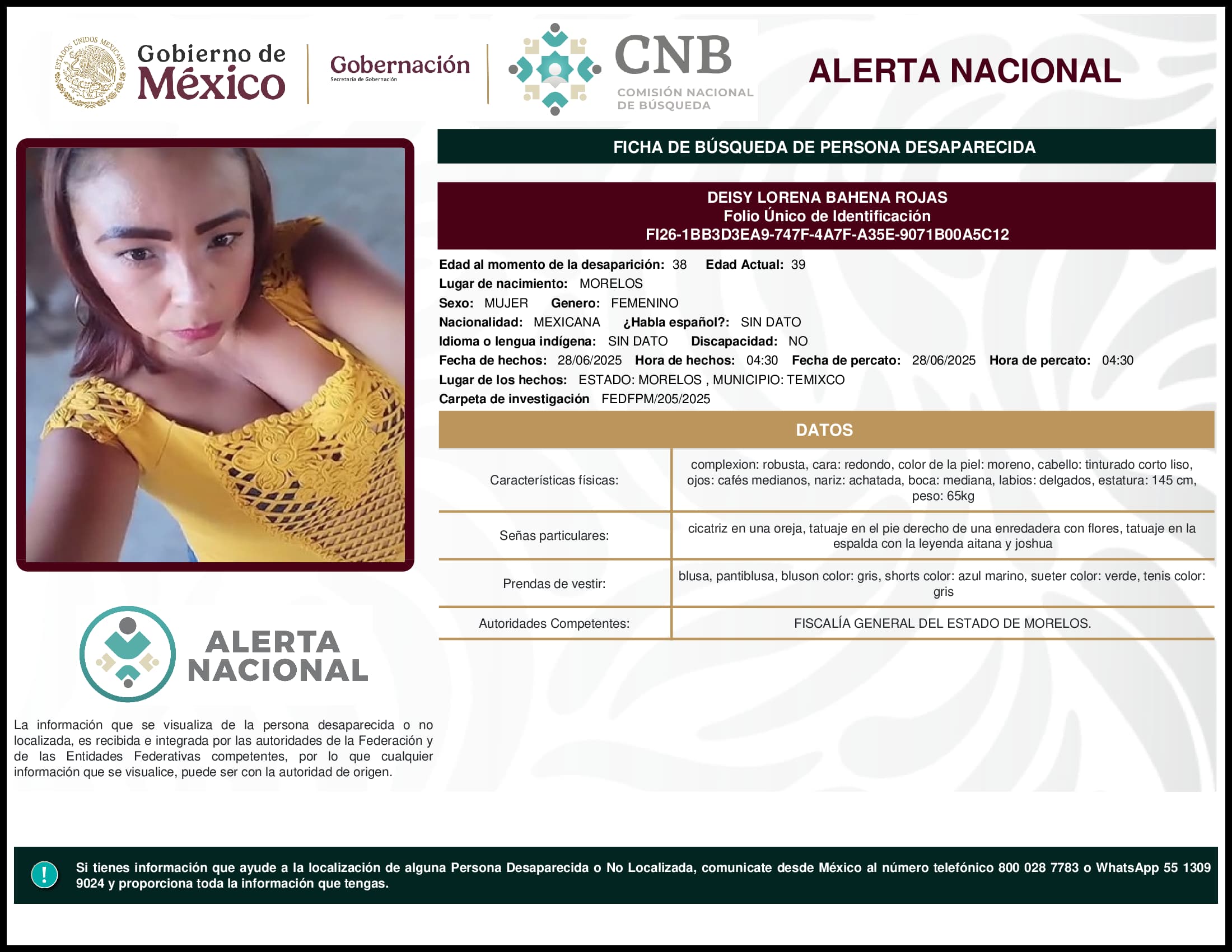 Persona desaparecida Deisy Lorena Bahena Rojas