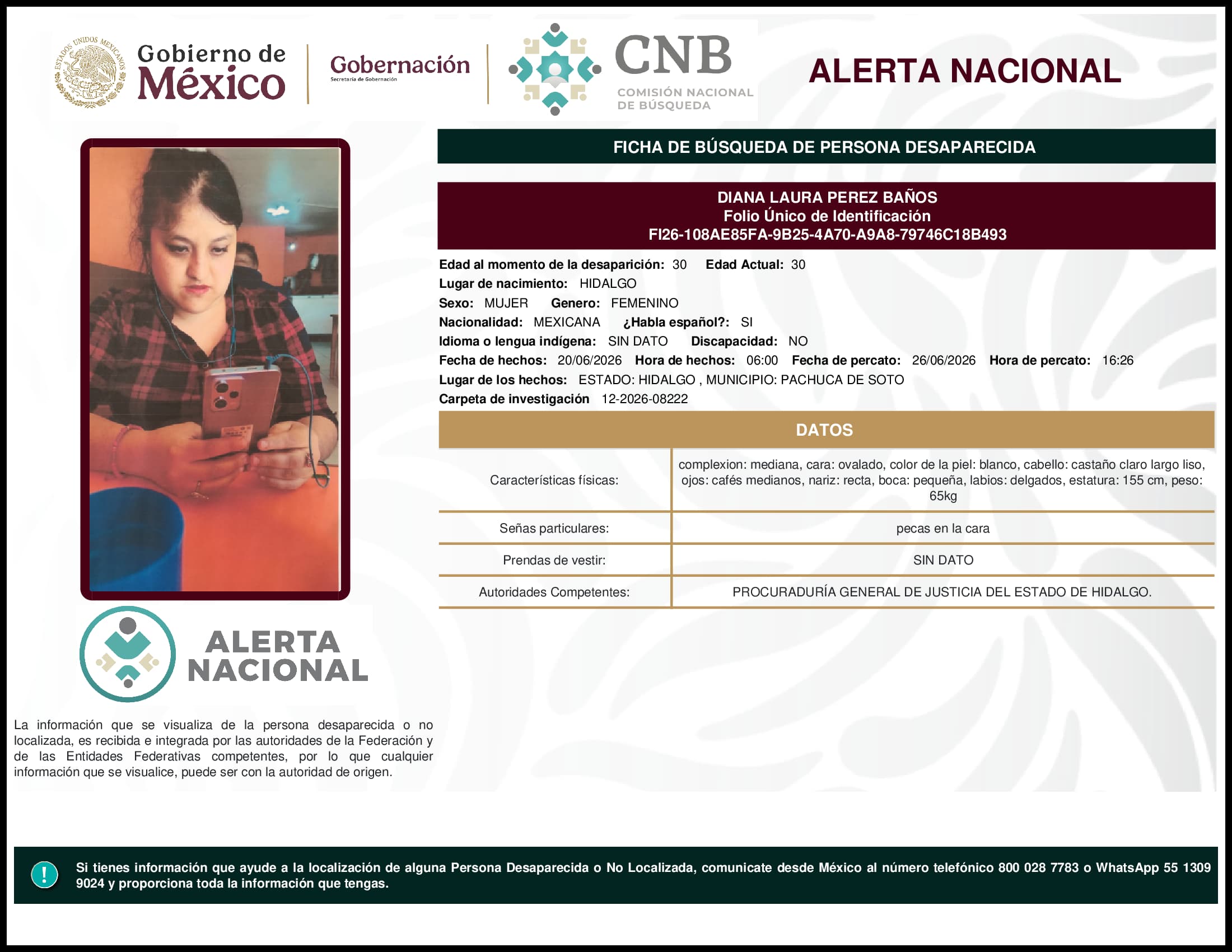 Persona desaparecida Diana Laura Perez Banos