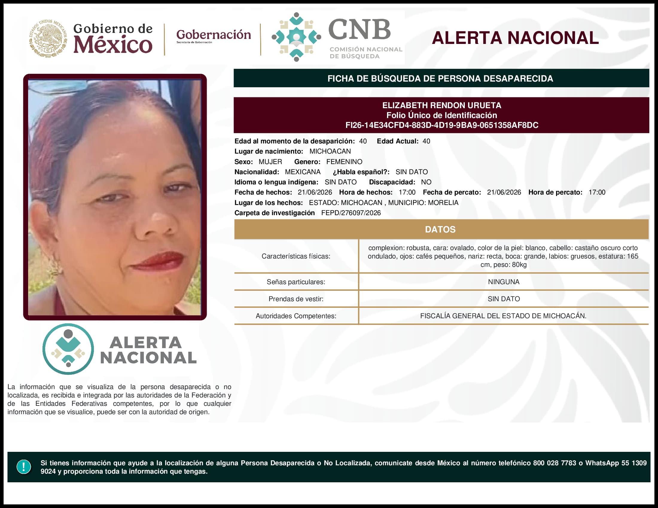 Persona desaparecida Elizabeth Rendon Urueta