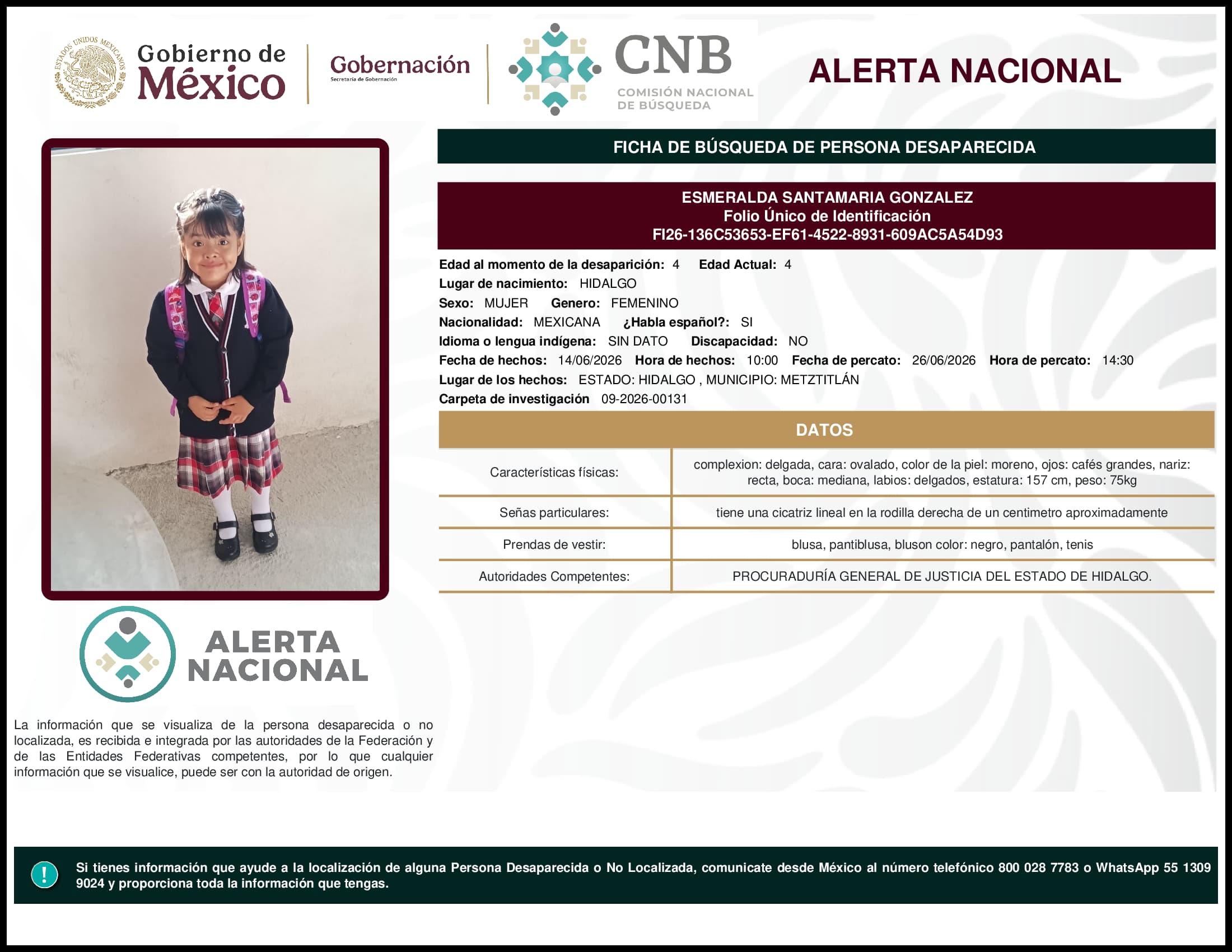 Persona desaparecida Esmeralda Santamaria Gonzalez