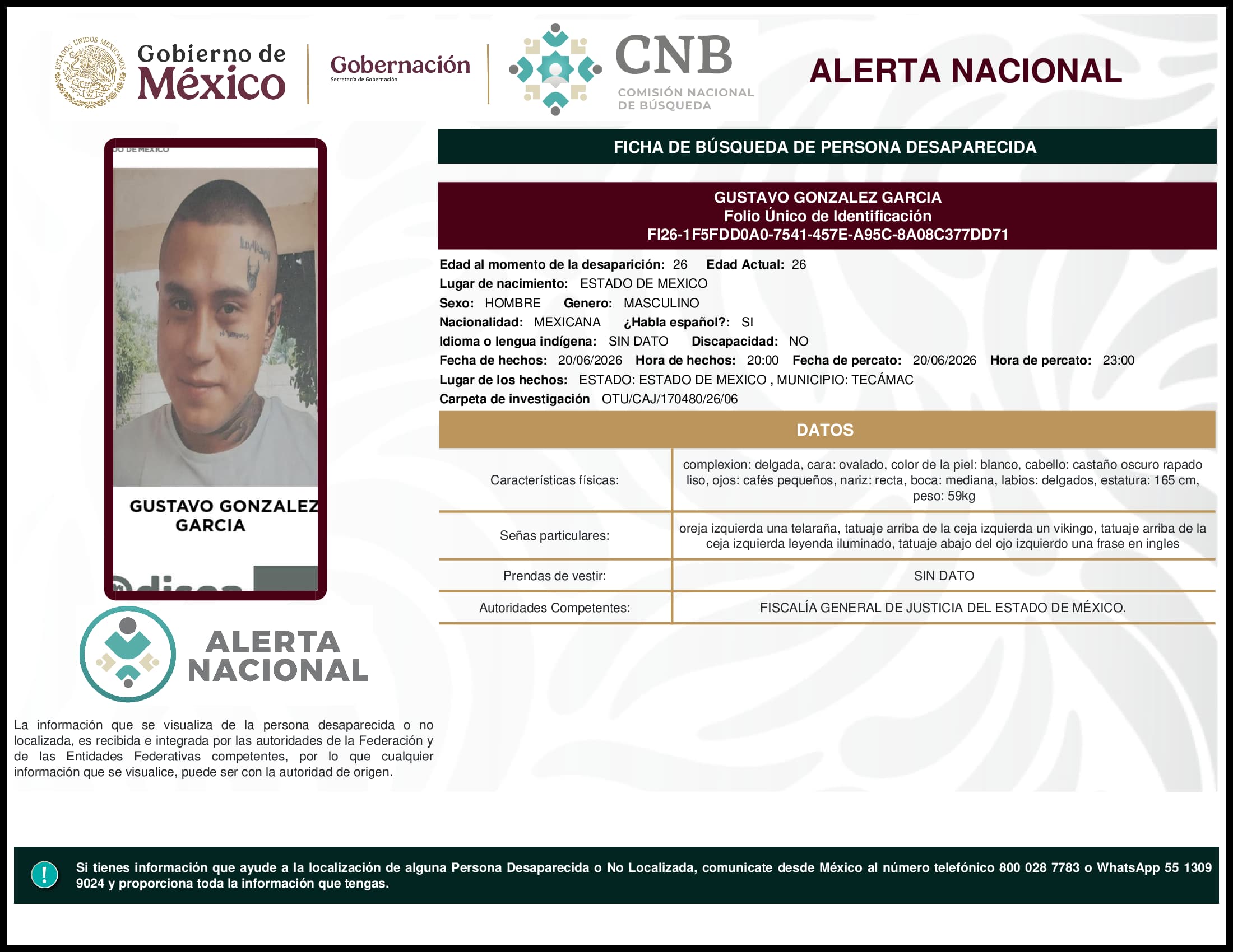 Persona desaparecida Gustavo Gonzalez Garcia