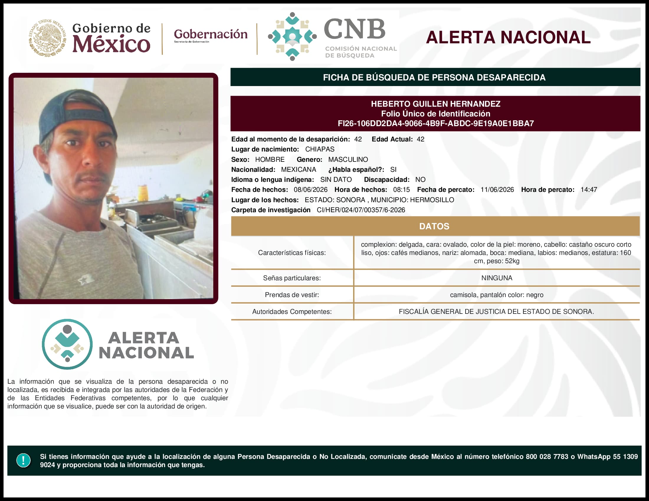 Persona desaparecida Heberto Guillen Hernandez