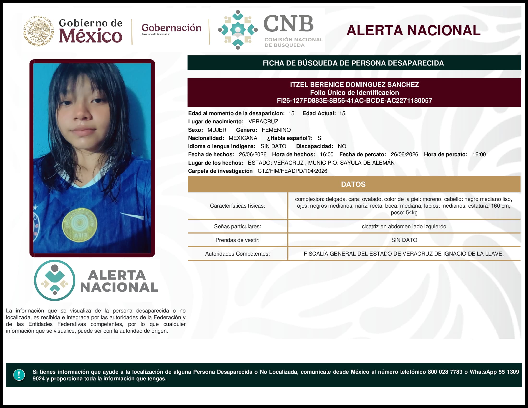 Persona desaparecida Itzel Berenice Dominguez Sanchez