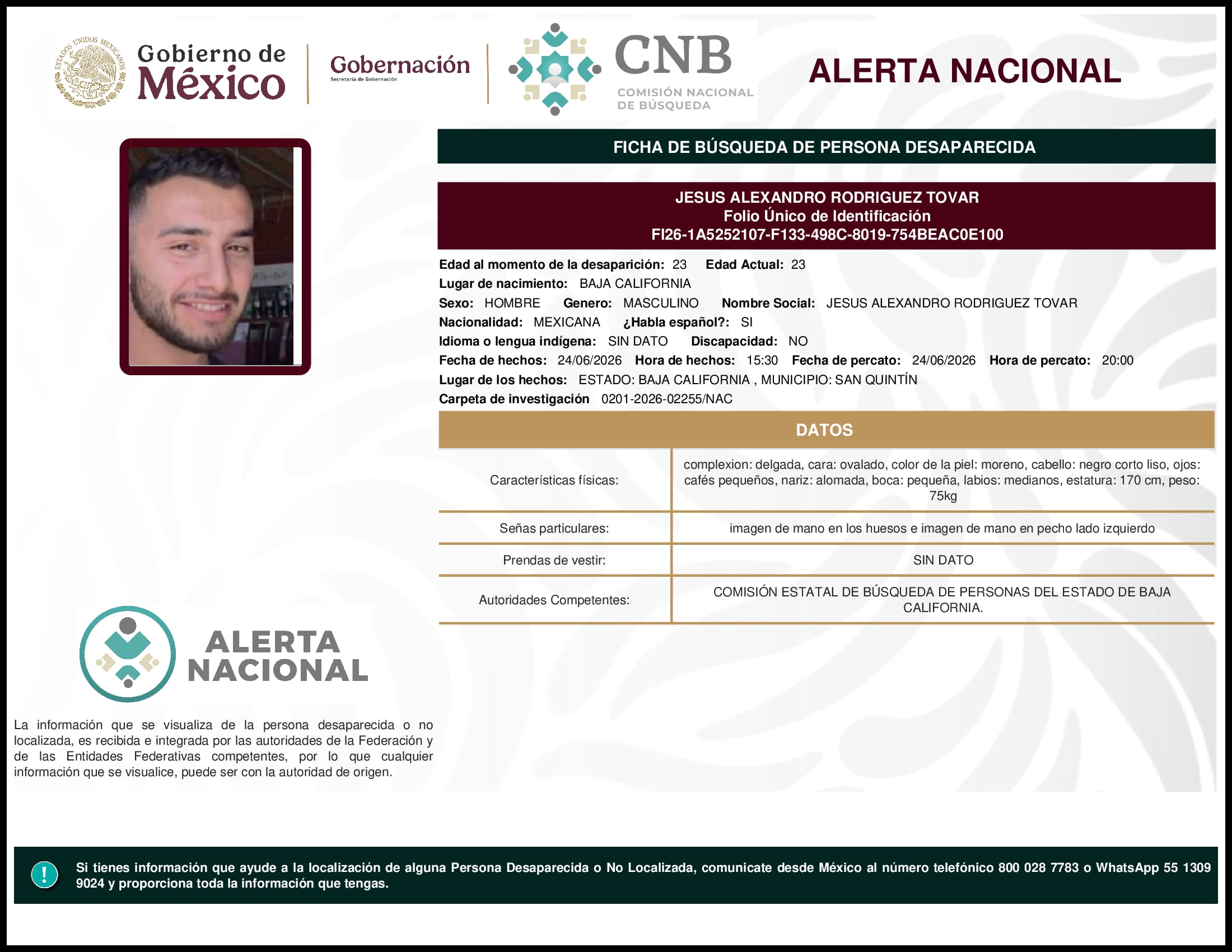 Persona desaparecida Jesus Alexandro Rodriguez Tovar