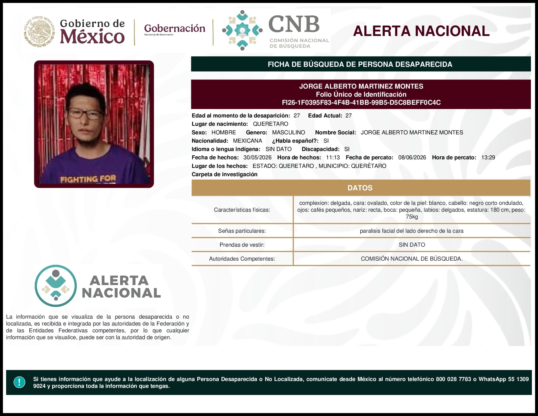 Persona desaparecida Jorge Alberto Martinez Montes