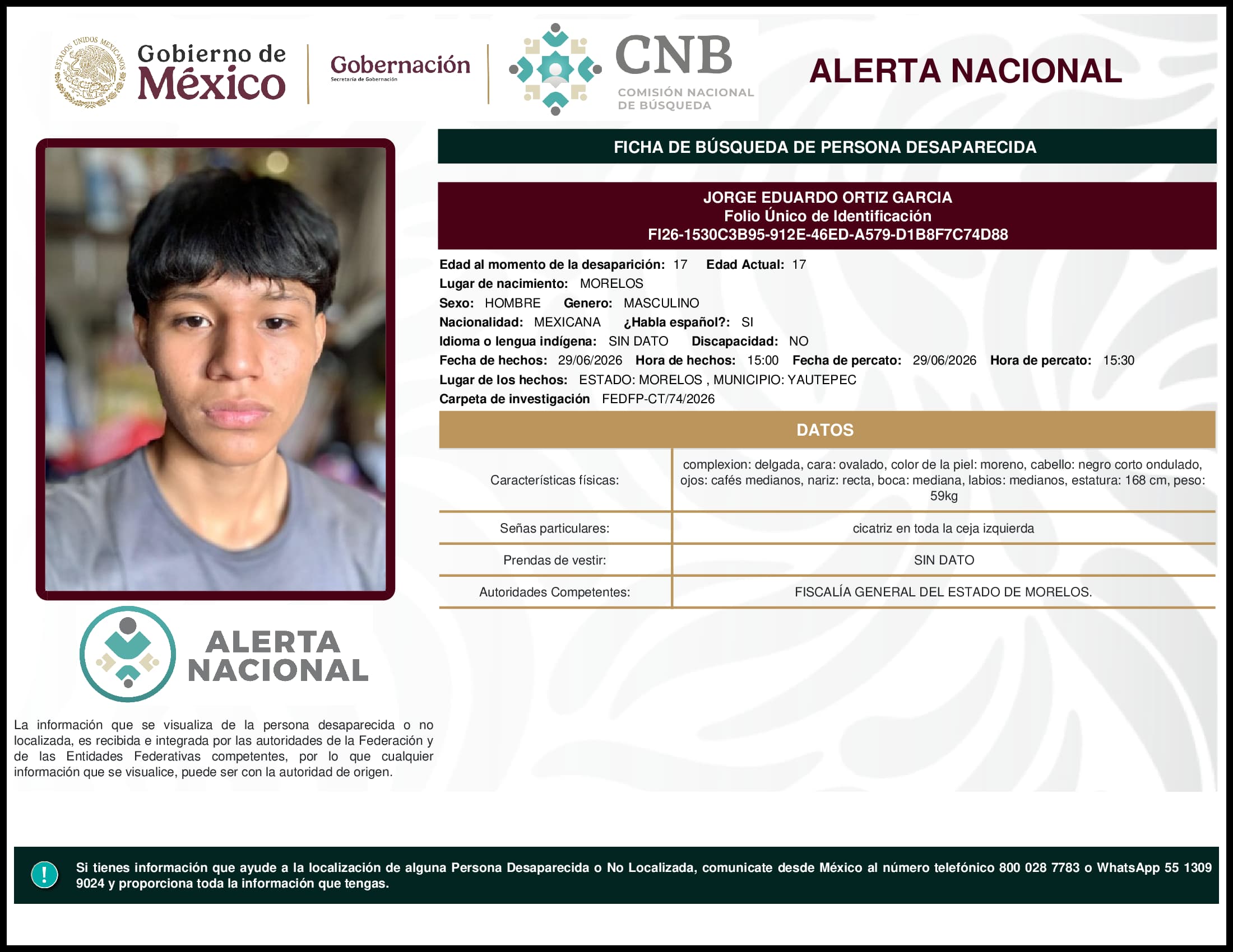 Persona desaparecida Jorge Eduardo Ortiz Garcia
