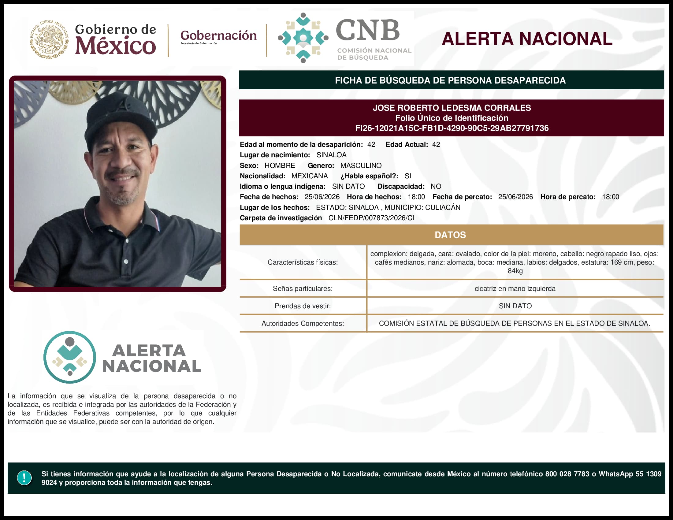 Persona desaparecida Jose Roberto Ledesma Corrales
