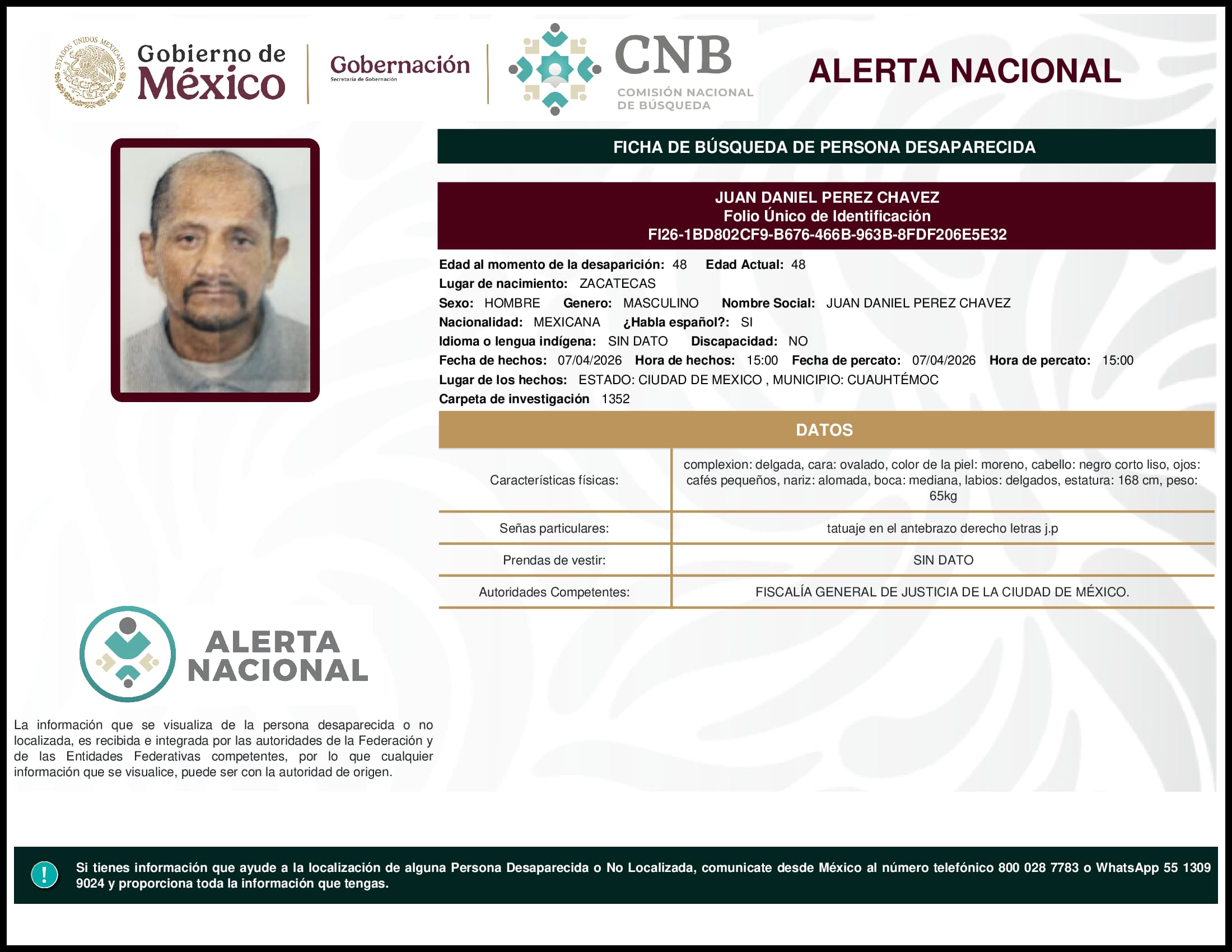 Persona desaparecida Juan Daniel Perez Chavez