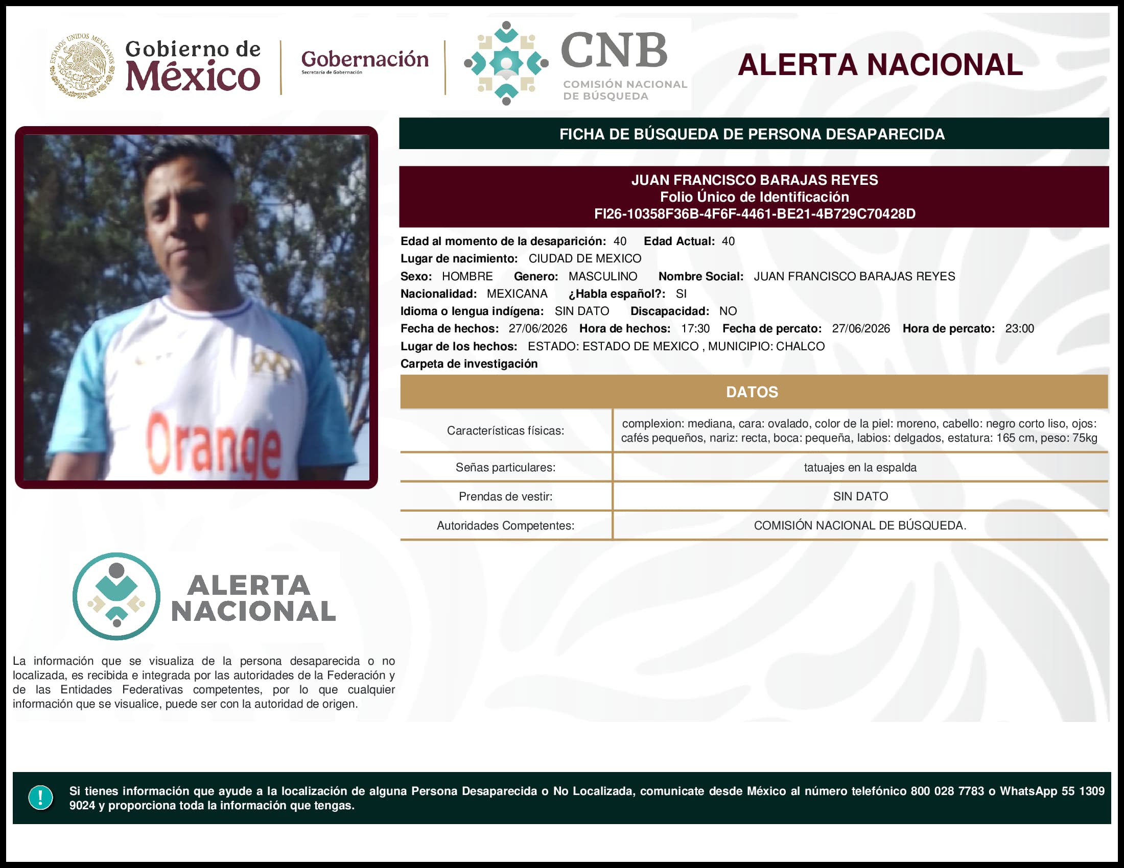 Persona desaparecida Juan Francisco Barajas Reyes
