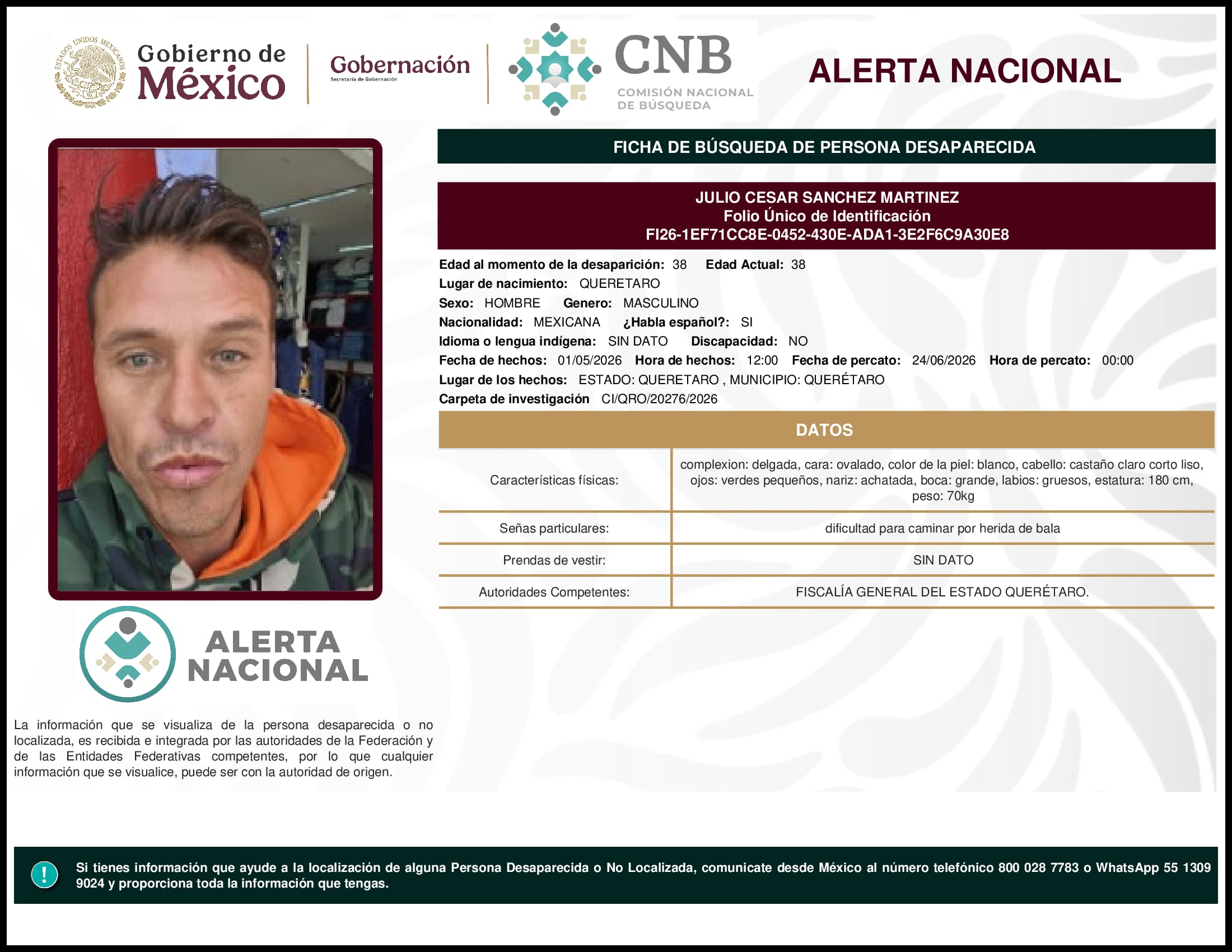 Persona desaparecida Julio Cesar Sanchez Martinez