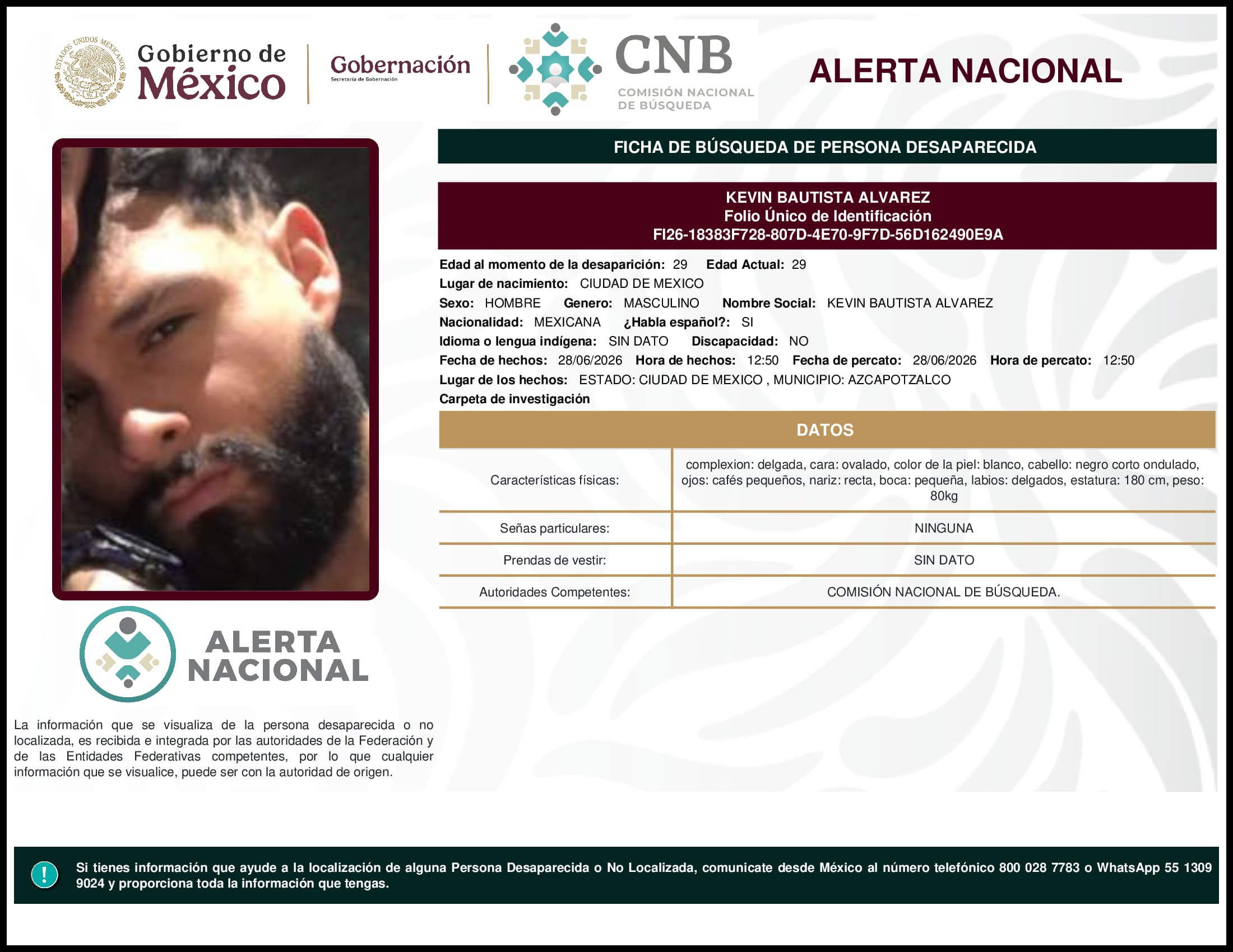Persona desaparecida Kevin Bautista Alvarez