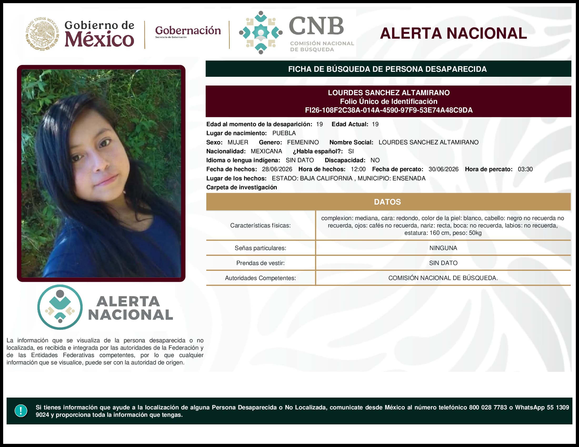 Persona desaparecida Lourdes Sanchez Altamirano