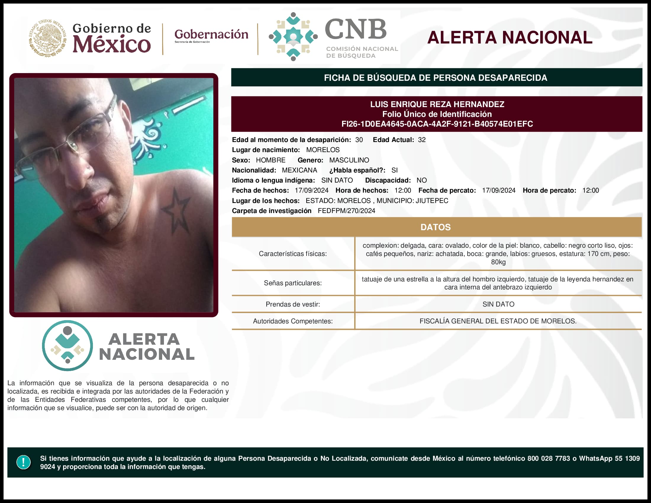 Persona desaparecida Luis Enrique Reza Hernandez