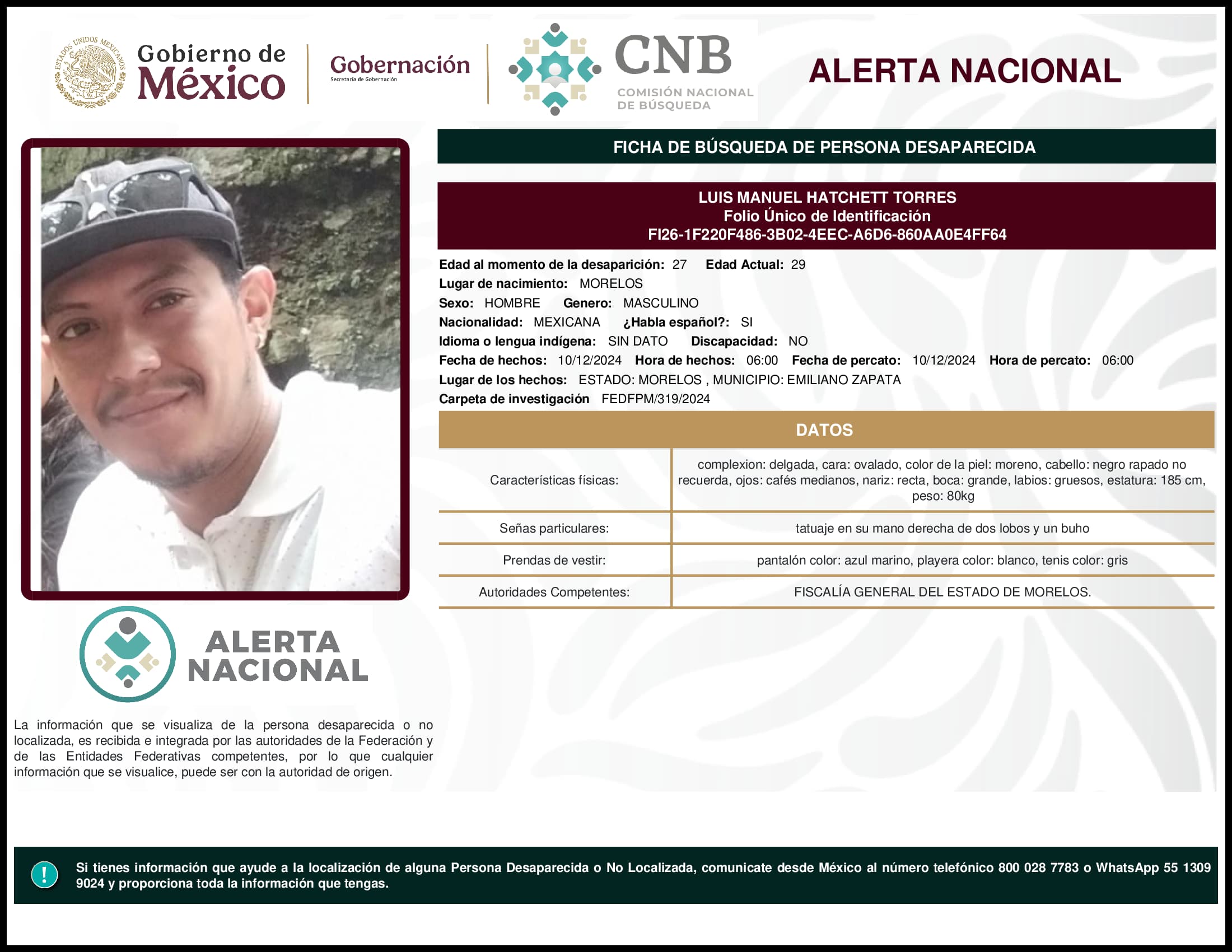 Persona desaparecida Luis Manuel Hatchett Torres