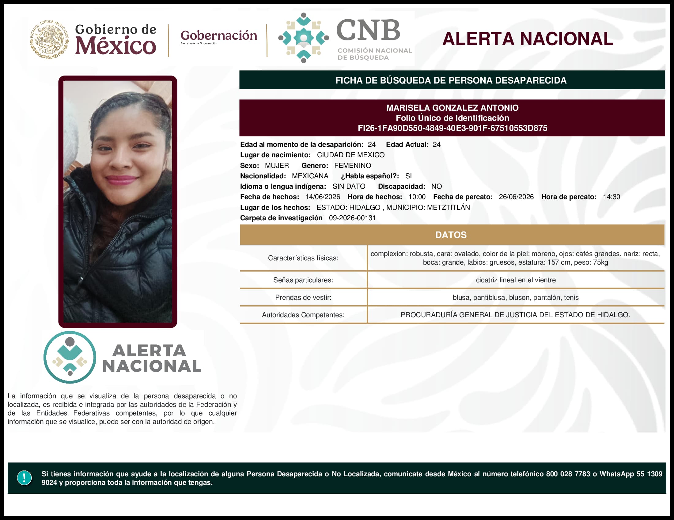 Persona desaparecida Marisela Gonzalez Antonio