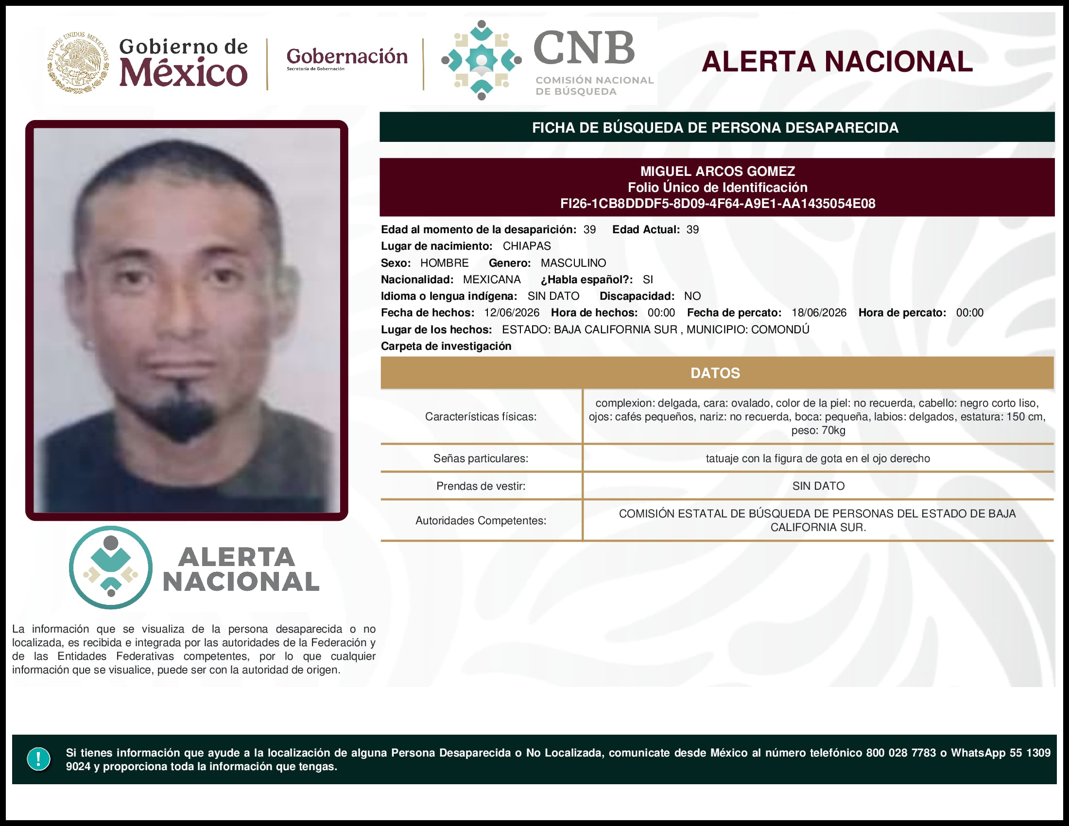 Persona desaparecida Miguel Arcos Gomez