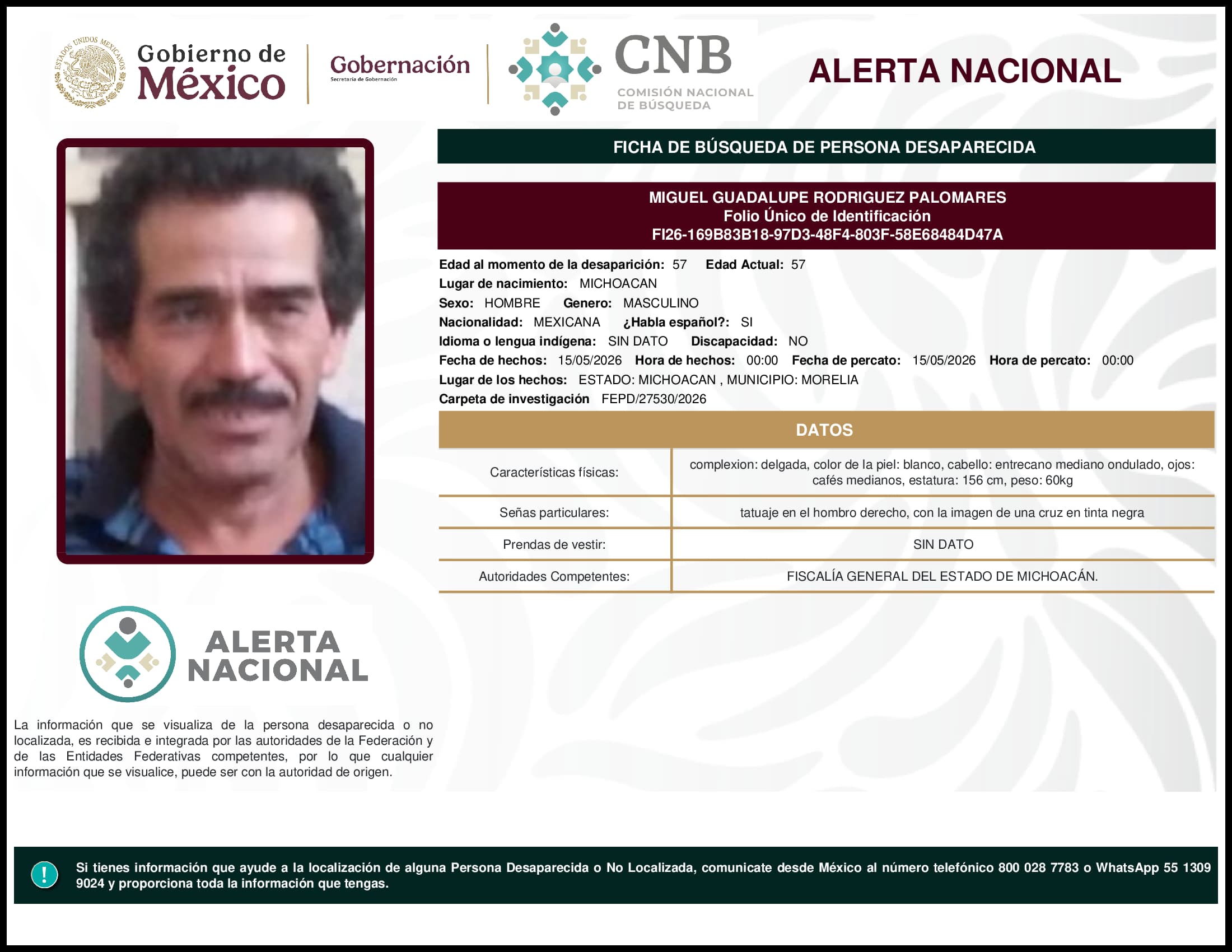 Persona desaparecida Miguel Guadalupe Rodriguez Palomares